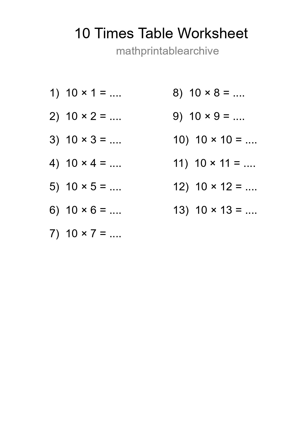 10 Times Table Worksheet For Grade 3 With Answers - Part 174