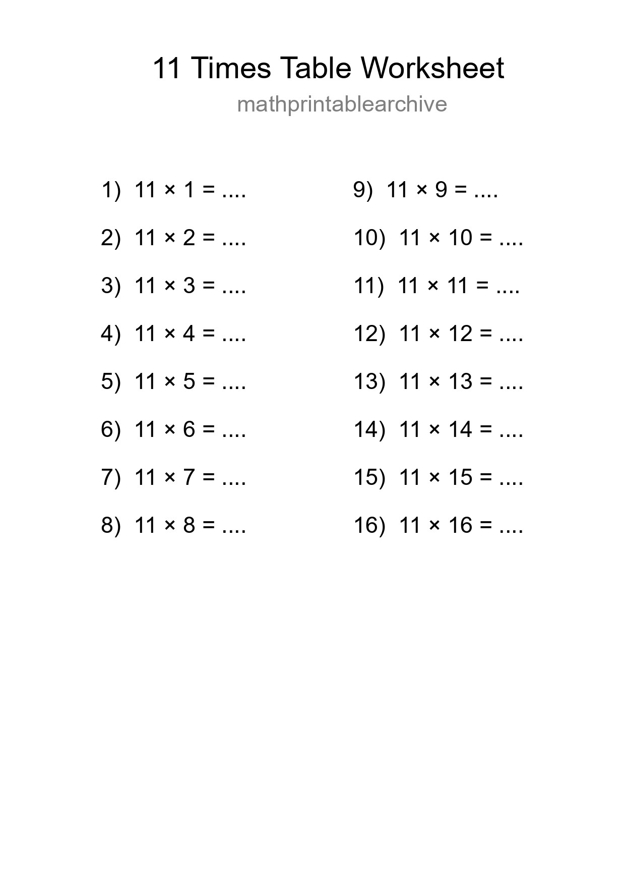 11 Times Table Worksheet For Grade 4 - Part 53