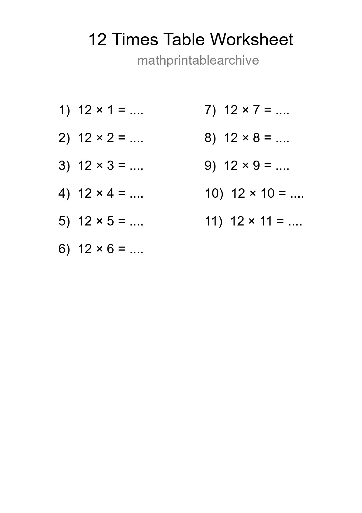 12 Times Table Worksheet For Grade 4 With Answers - Part 152
