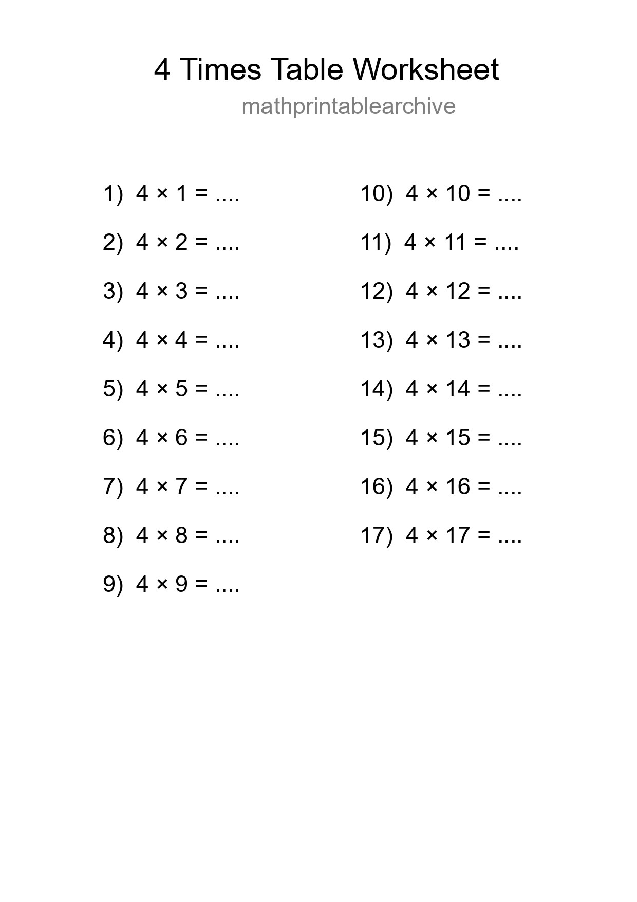 4 Times Table Worksheet For Grade 2 - Part 9