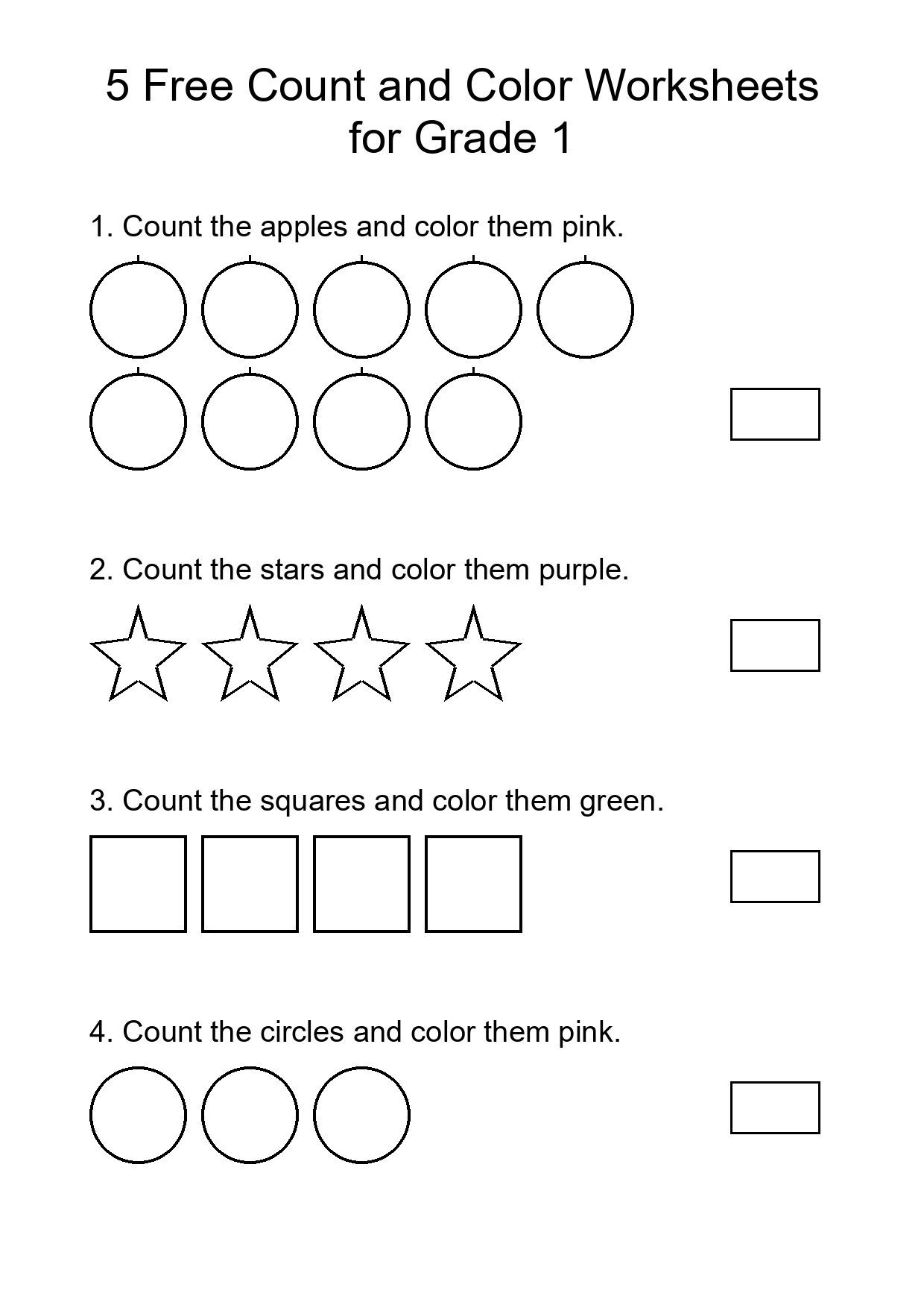 5 Free Count and Color Worksheets for Grade 1