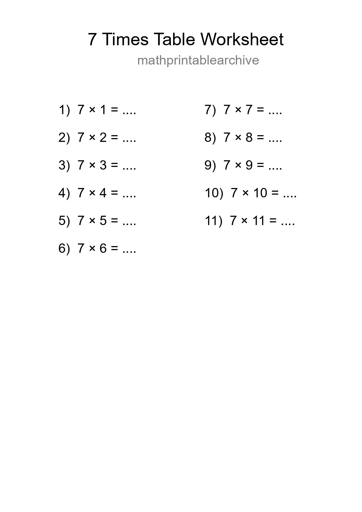 7 Times Table Worksheet For Grade 3 - Part 251
