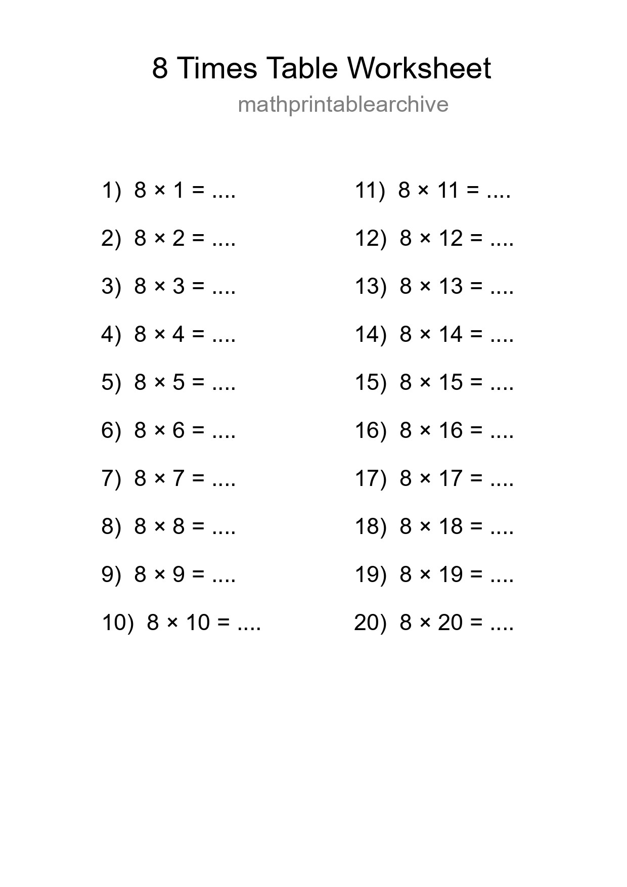 8 Times Table Worksheet For Grade 3 - Part 284