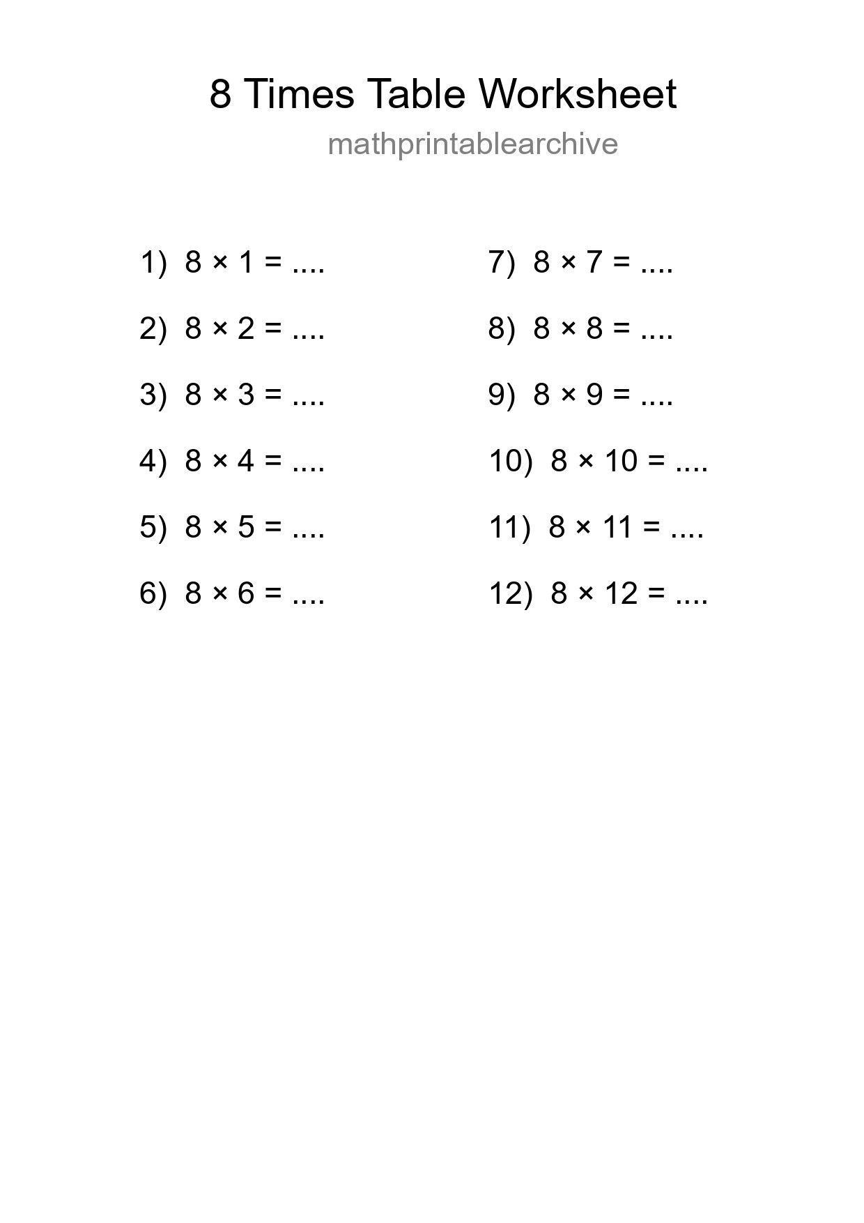 8 Times Table Worksheet For Grade 3 With Answers - Part 141