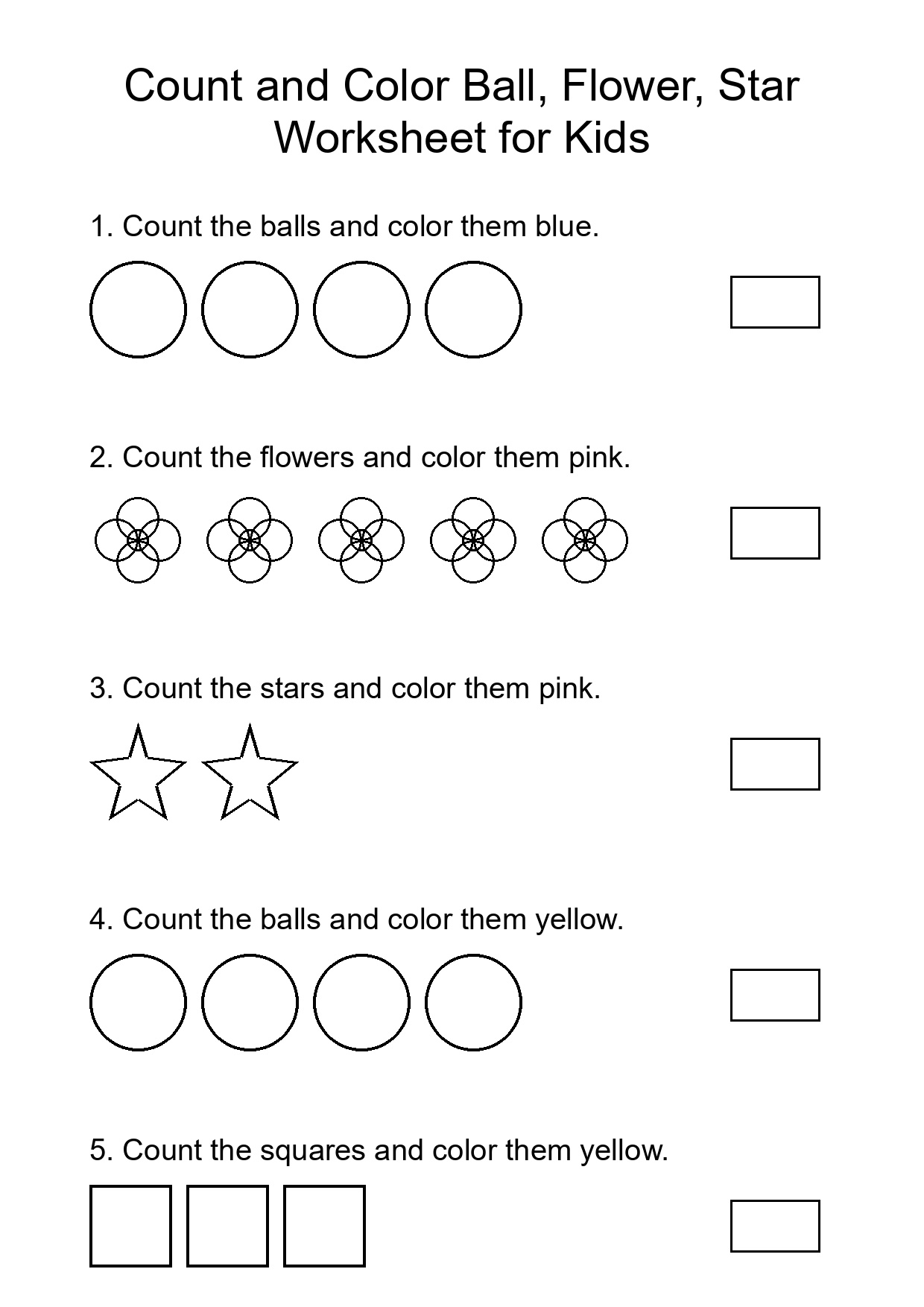 Count and Color Ball, Flower, Star Worksheet for Kids