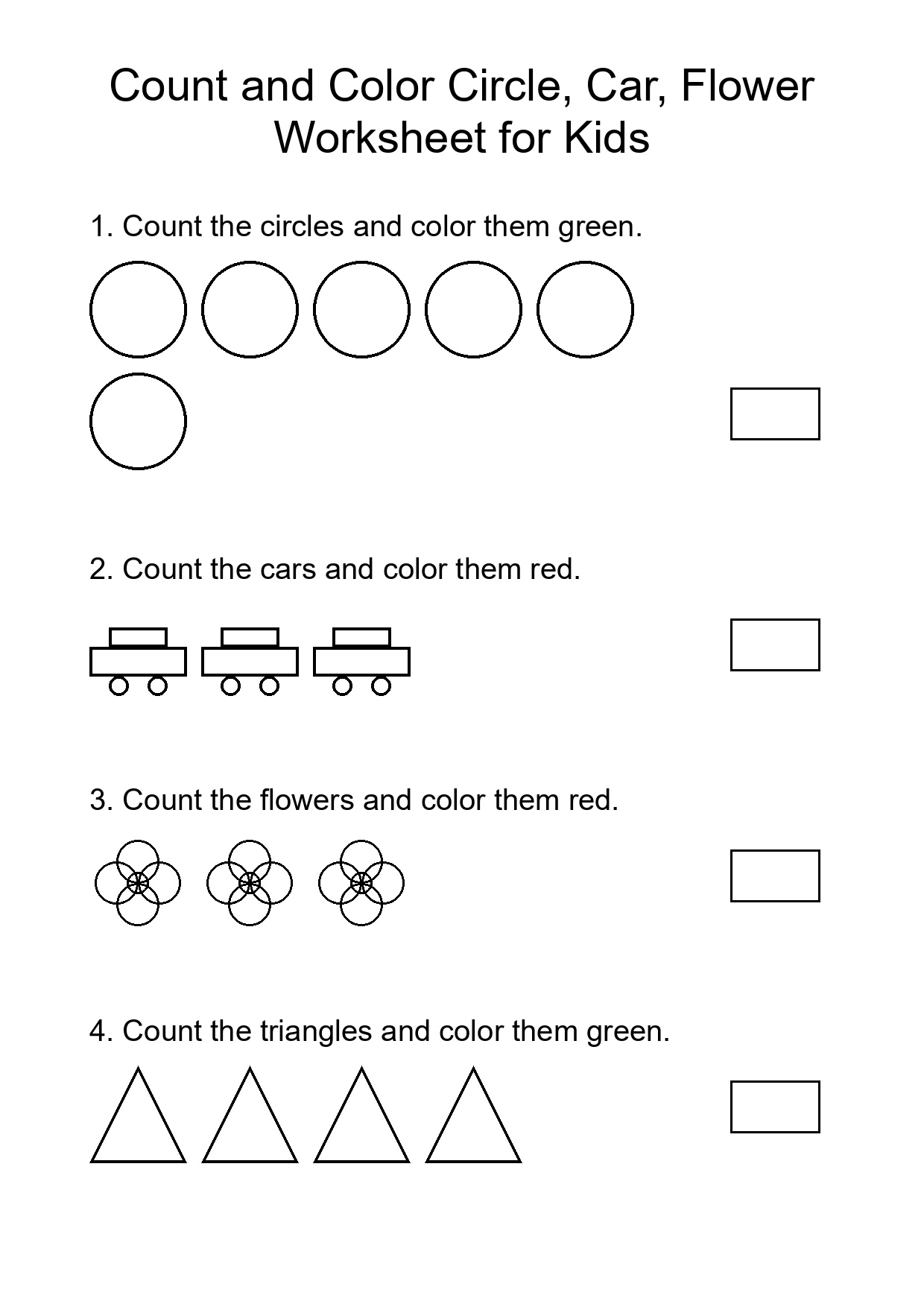 Count and Color Circle, Car, Flower Worksheet for Kids