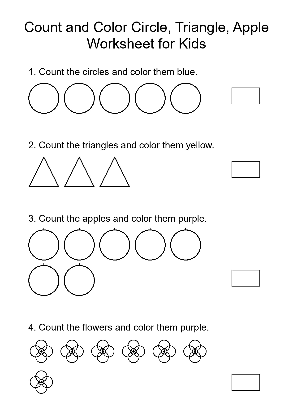 Count and Color Circle, Triangle, Apple Worksheet for Kids