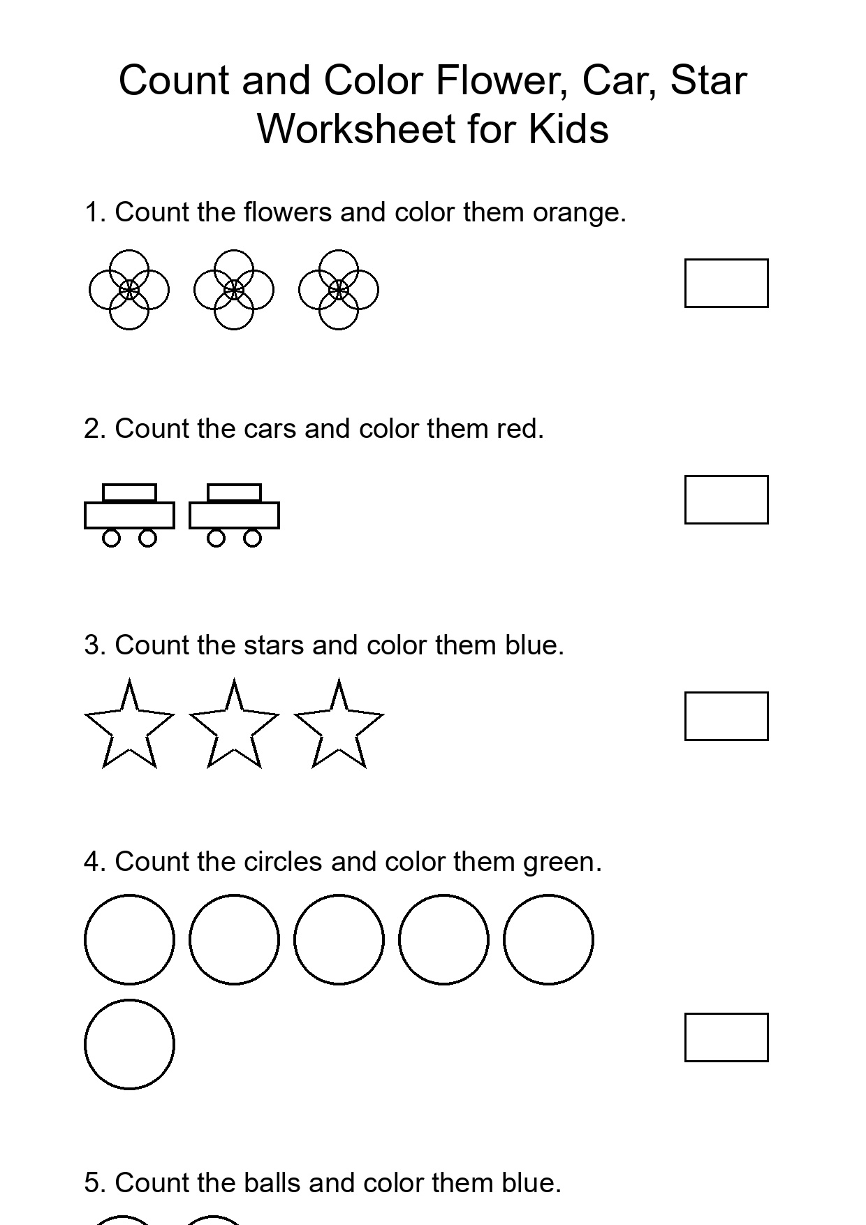Count and Color Flower, Car, Star Worksheet for Kids
