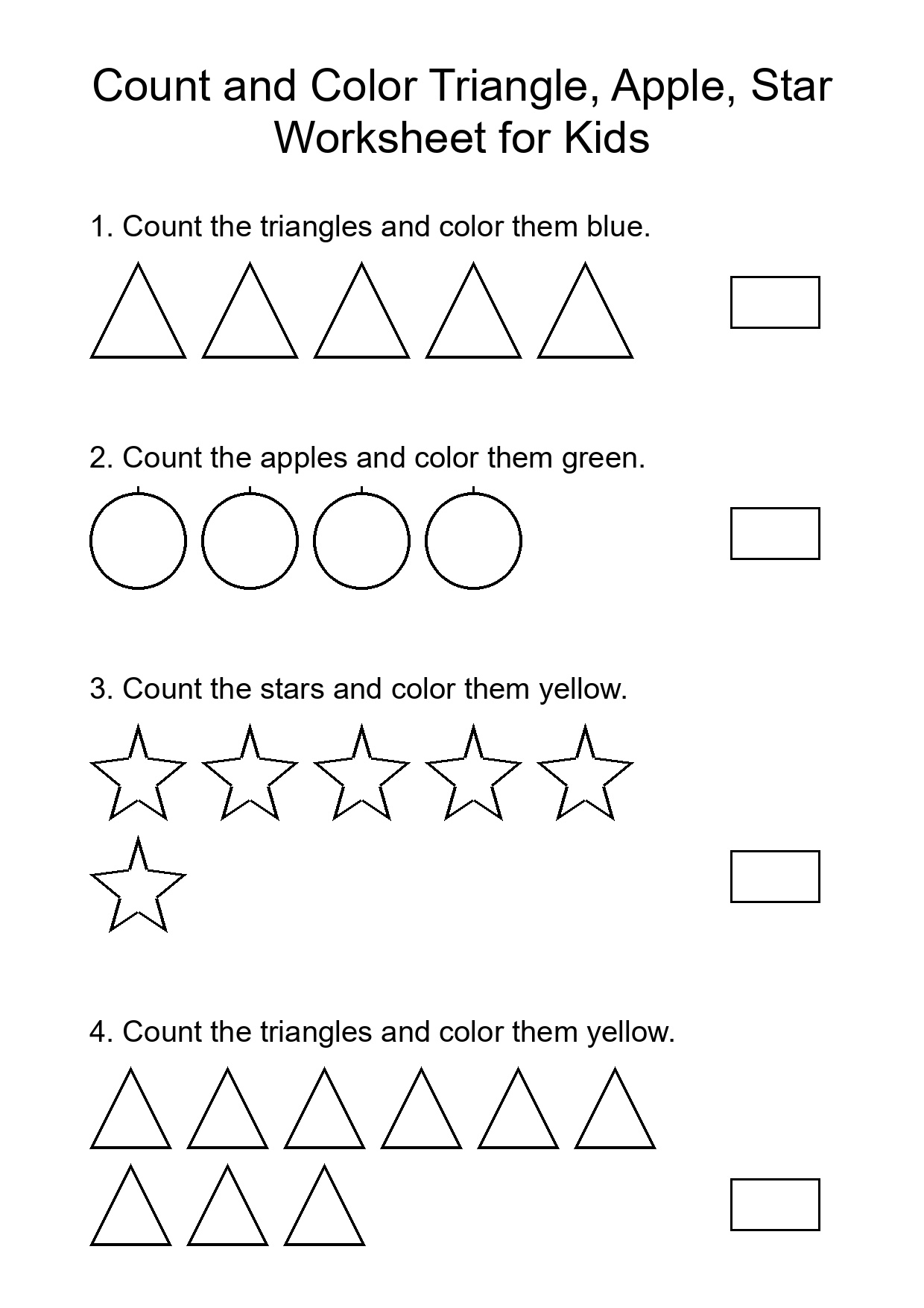 Count and Color Triangle, Apple, Star Worksheet for Kids