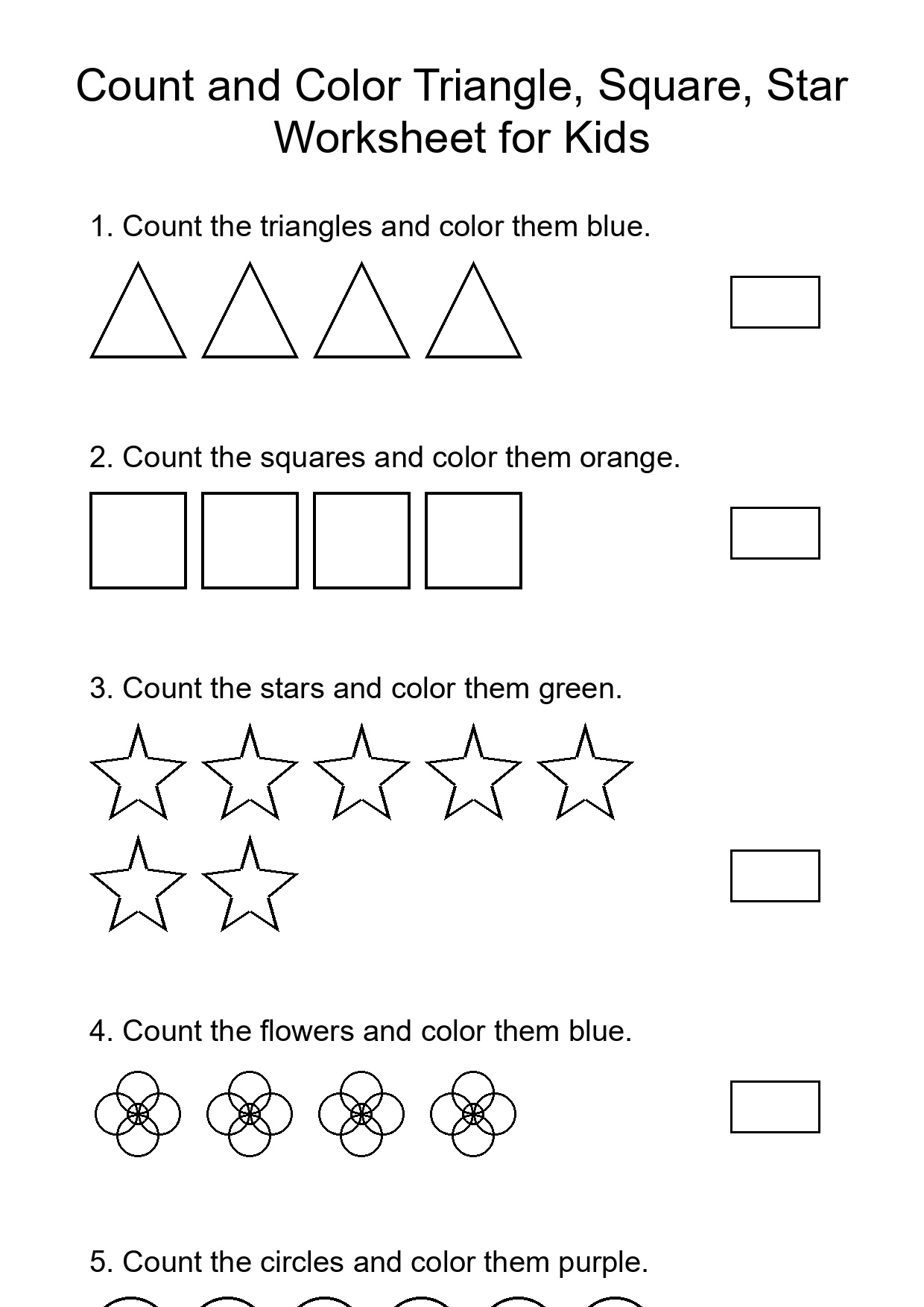 Count and Color Triangle, Square, Star Worksheet for Kids