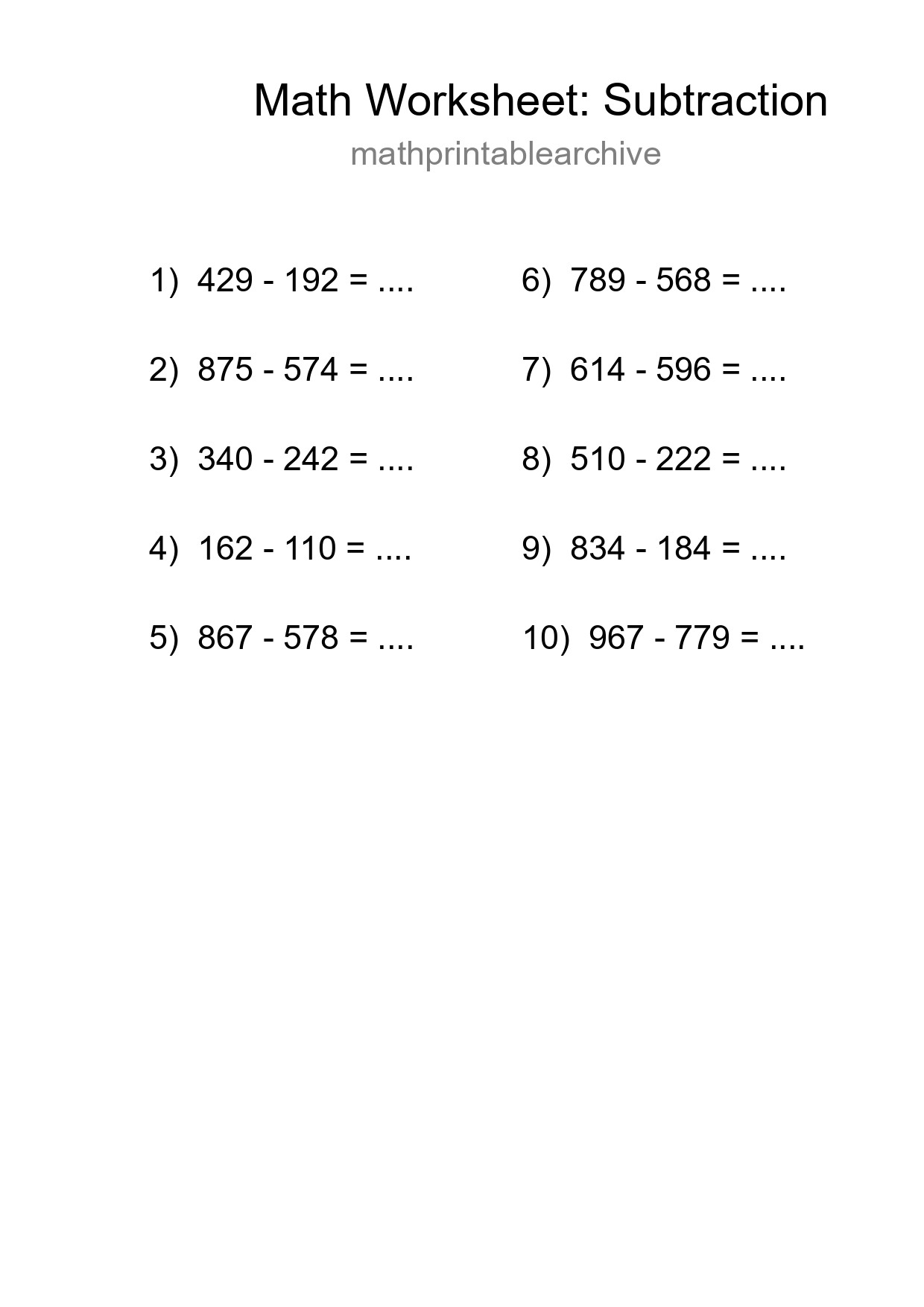 Free 10 Subtraction Math Worksheet For Grade 5 With Answers - Part 107