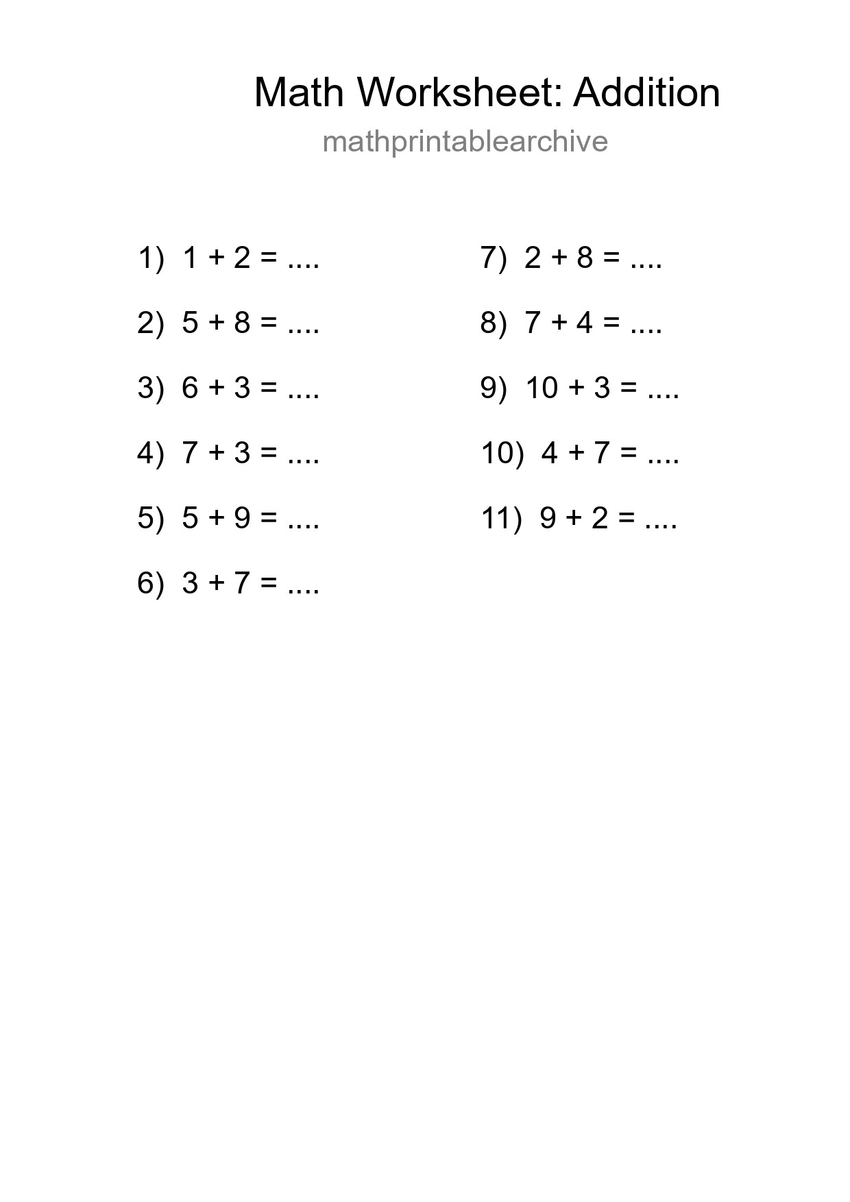 Free 11 Addition Math Worksheet For Grade 1 - Part 188