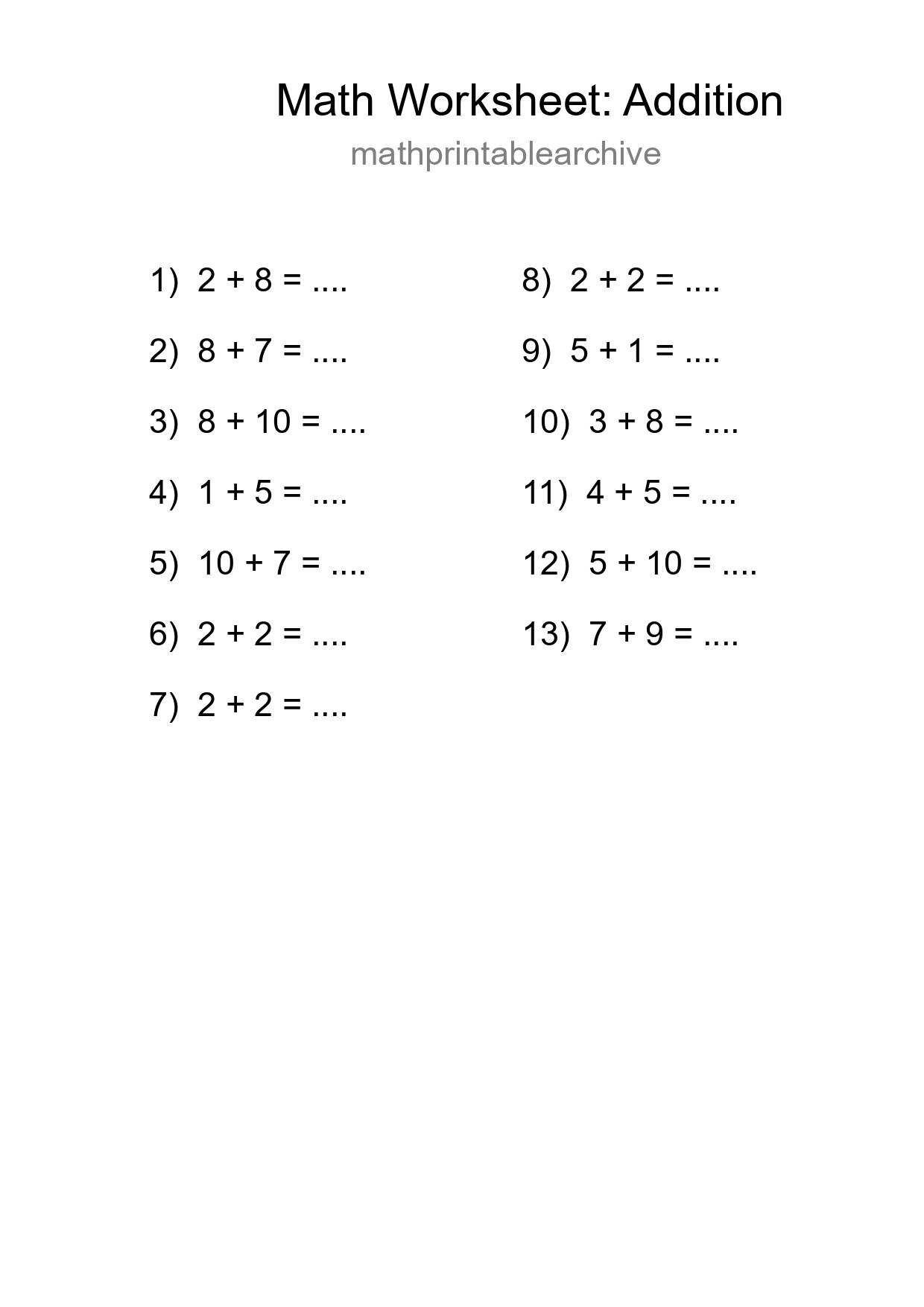Free 13 Addition Math Worksheet For Grade 1 With Answers - Part 111