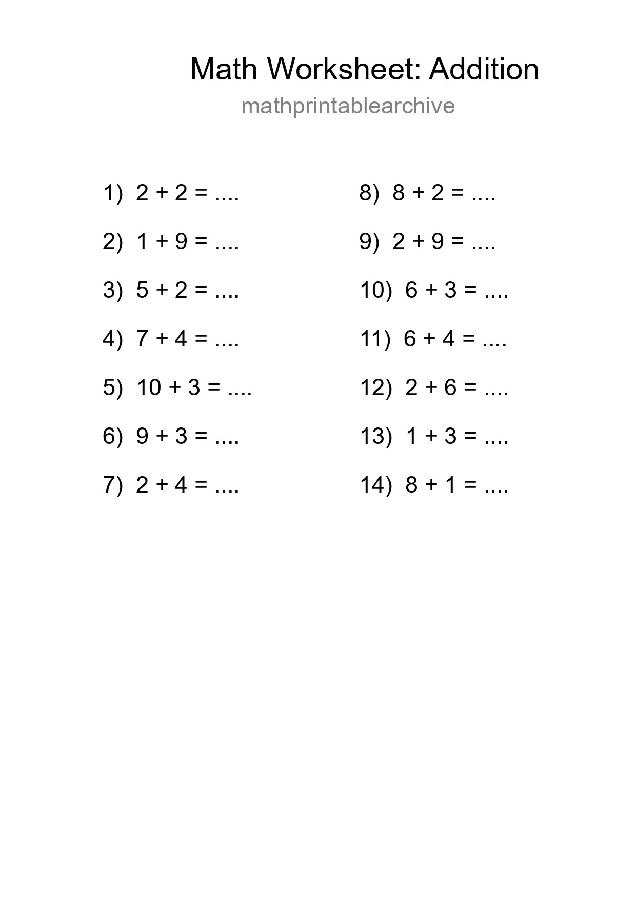 Free 14 Addition Math Worksheet For Grade 1 - Part 199