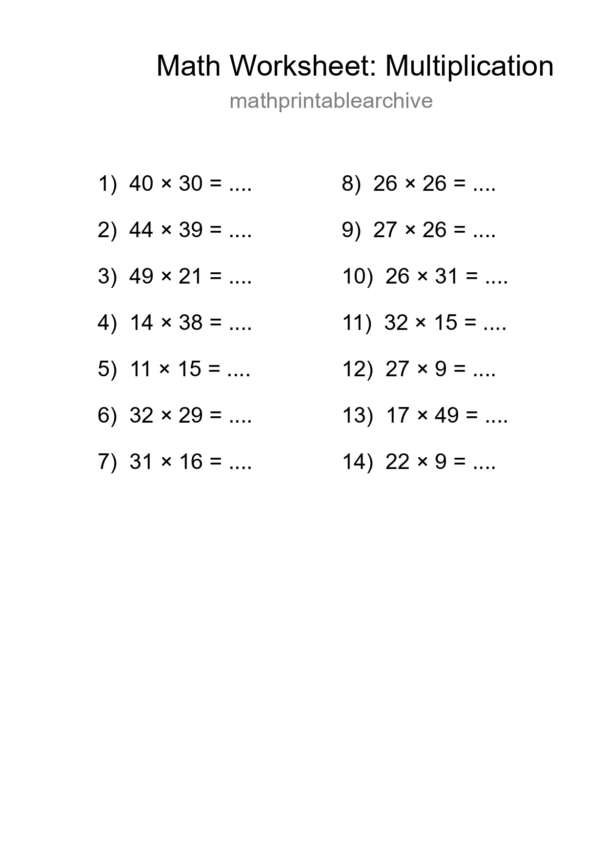 Free 14 Multiplication Math Worksheet For Grade 2 - Part 150