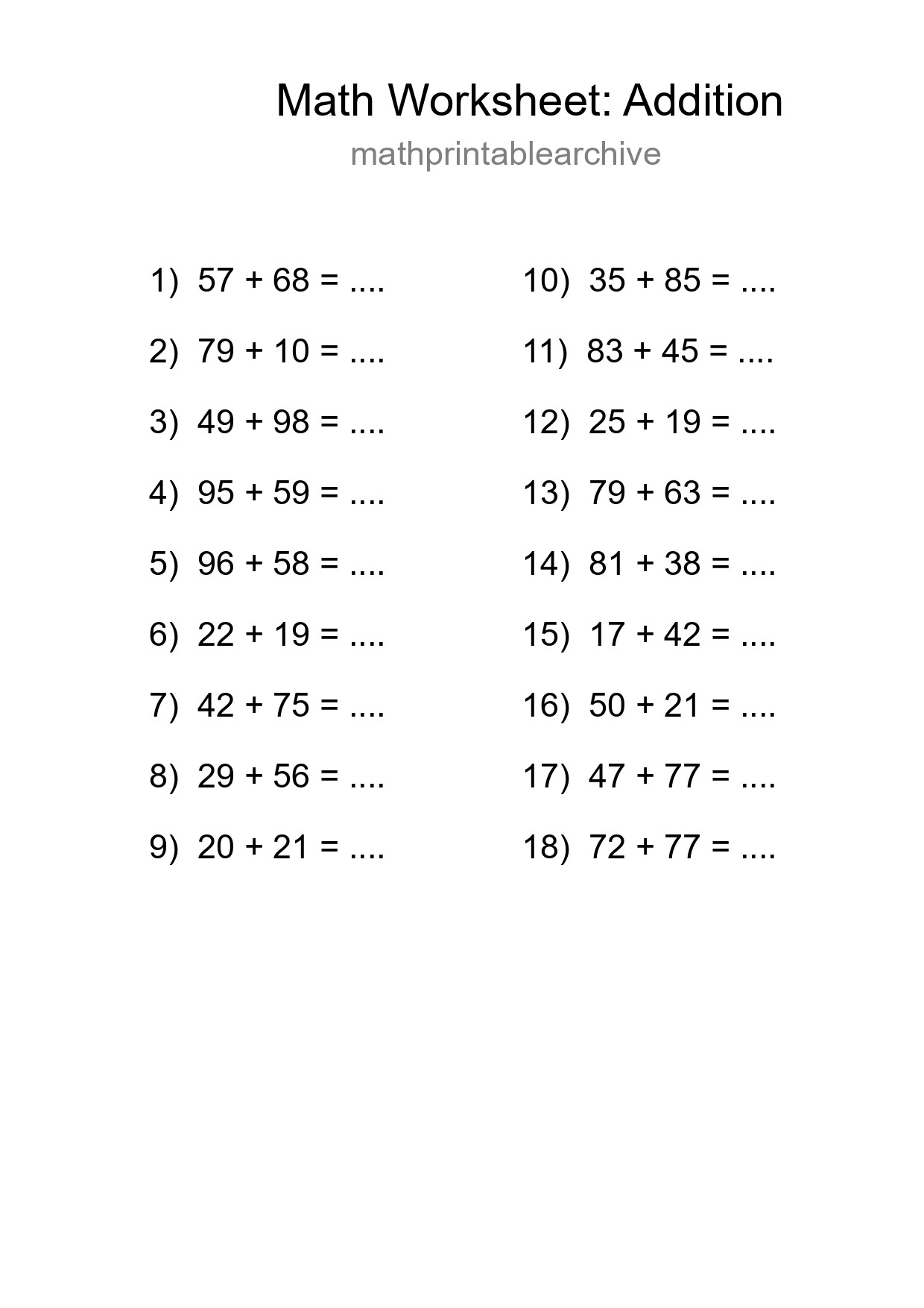 Free 18 Addition Math Worksheet For Grade 3 With Answers - Part 210