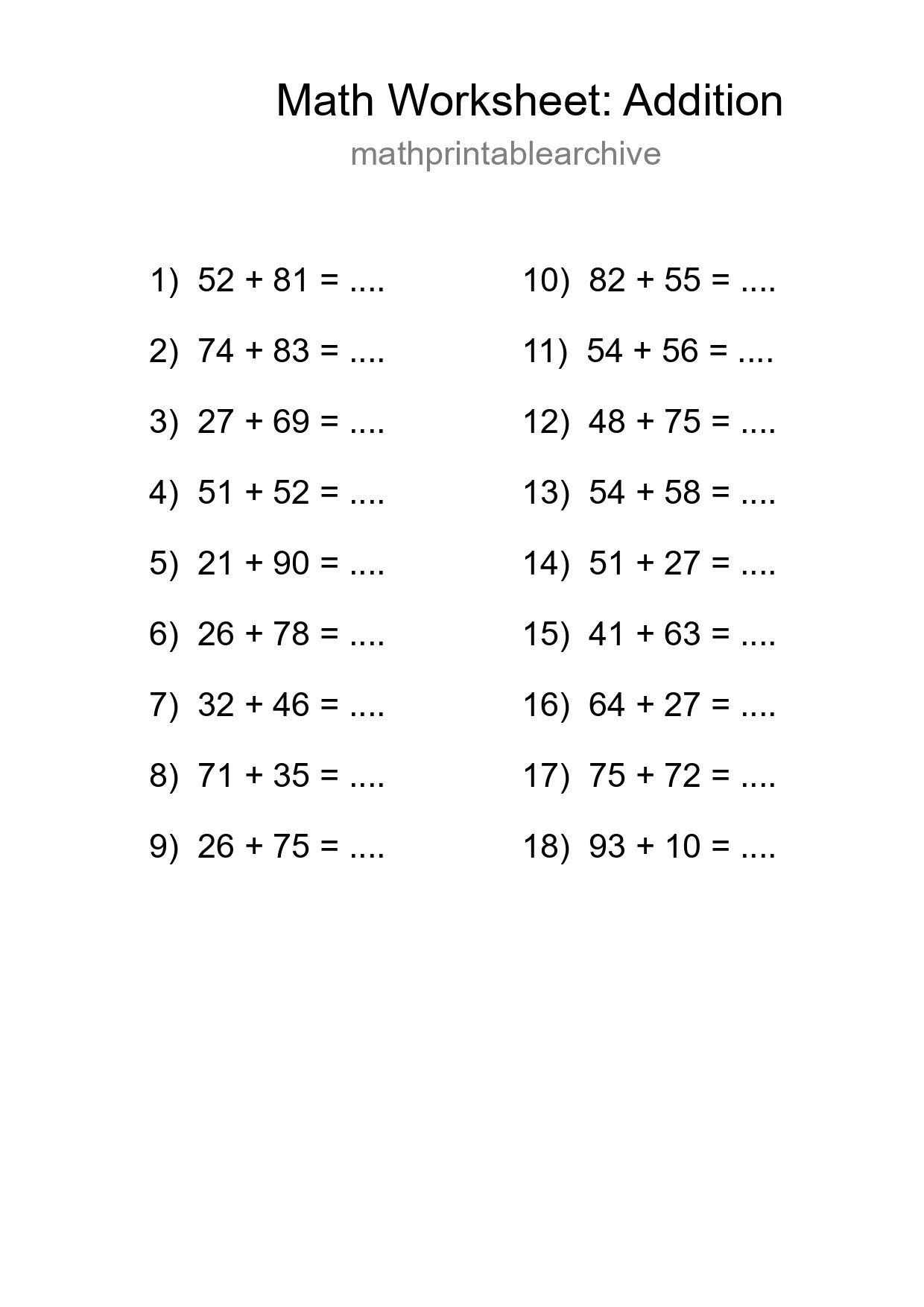 Free 18 Addition Math Worksheet For Grade 3 With Answers - Part 45