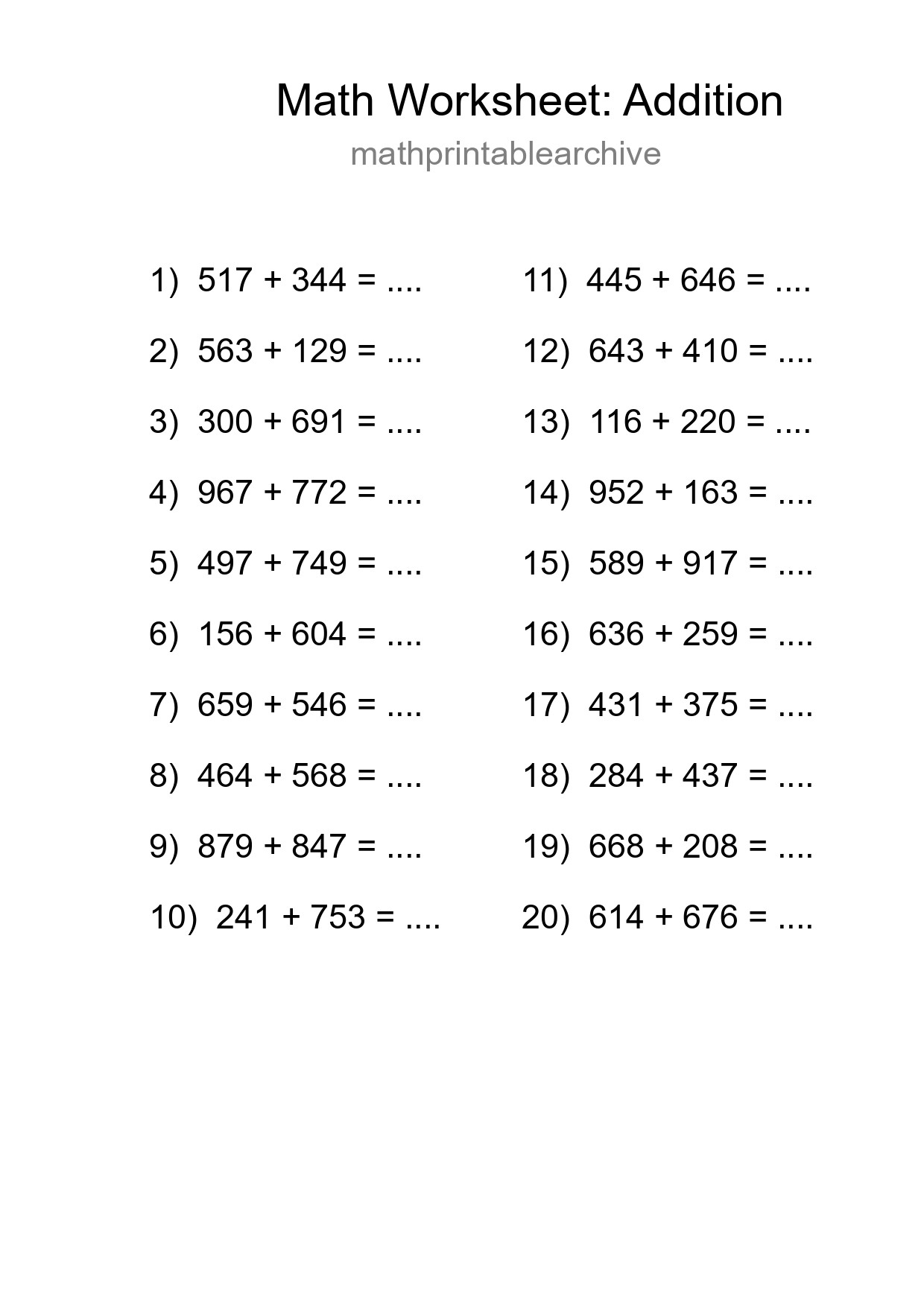 Free 20 Addition Math Worksheet For Grade 5 - Part 122