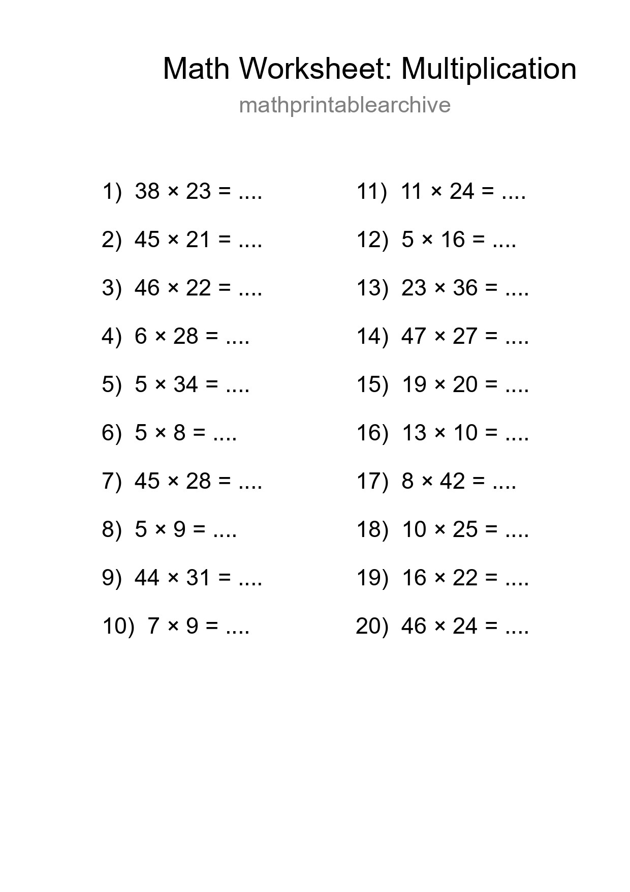 Free 20 Multiplication Math Worksheet For Grade 2 With Answers - Part 40