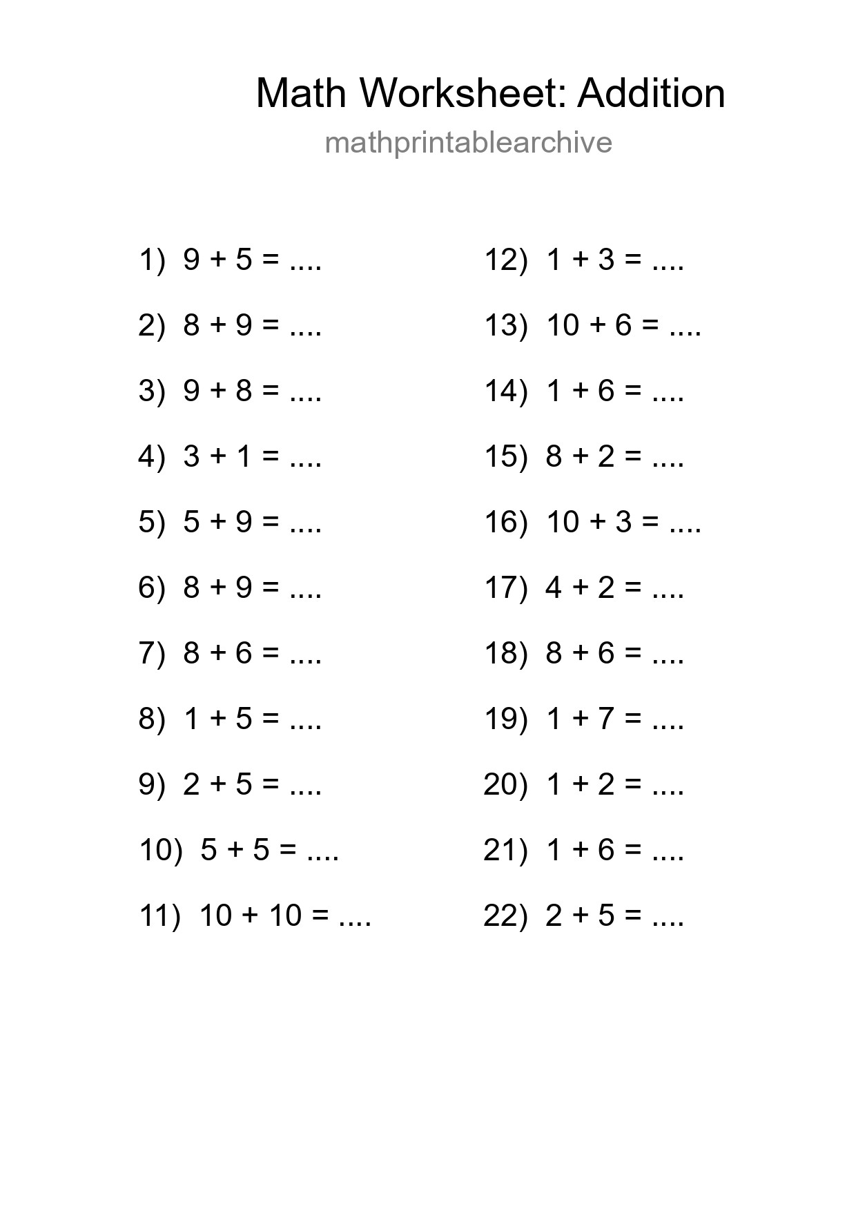 Free 22 Addition Math Worksheet For Grade 1 - Part 34
