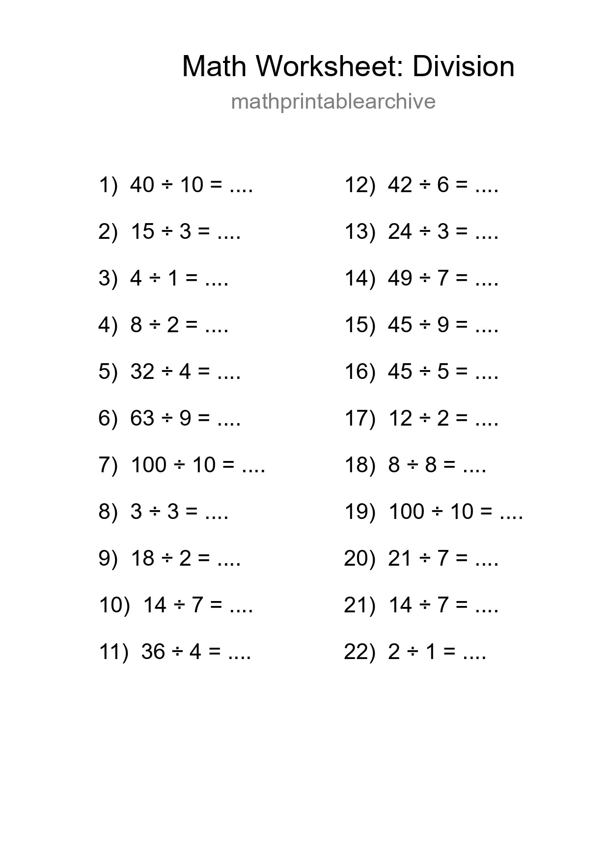Free 22 Division Math Worksheet For Grade 1 With Answers - Part 268