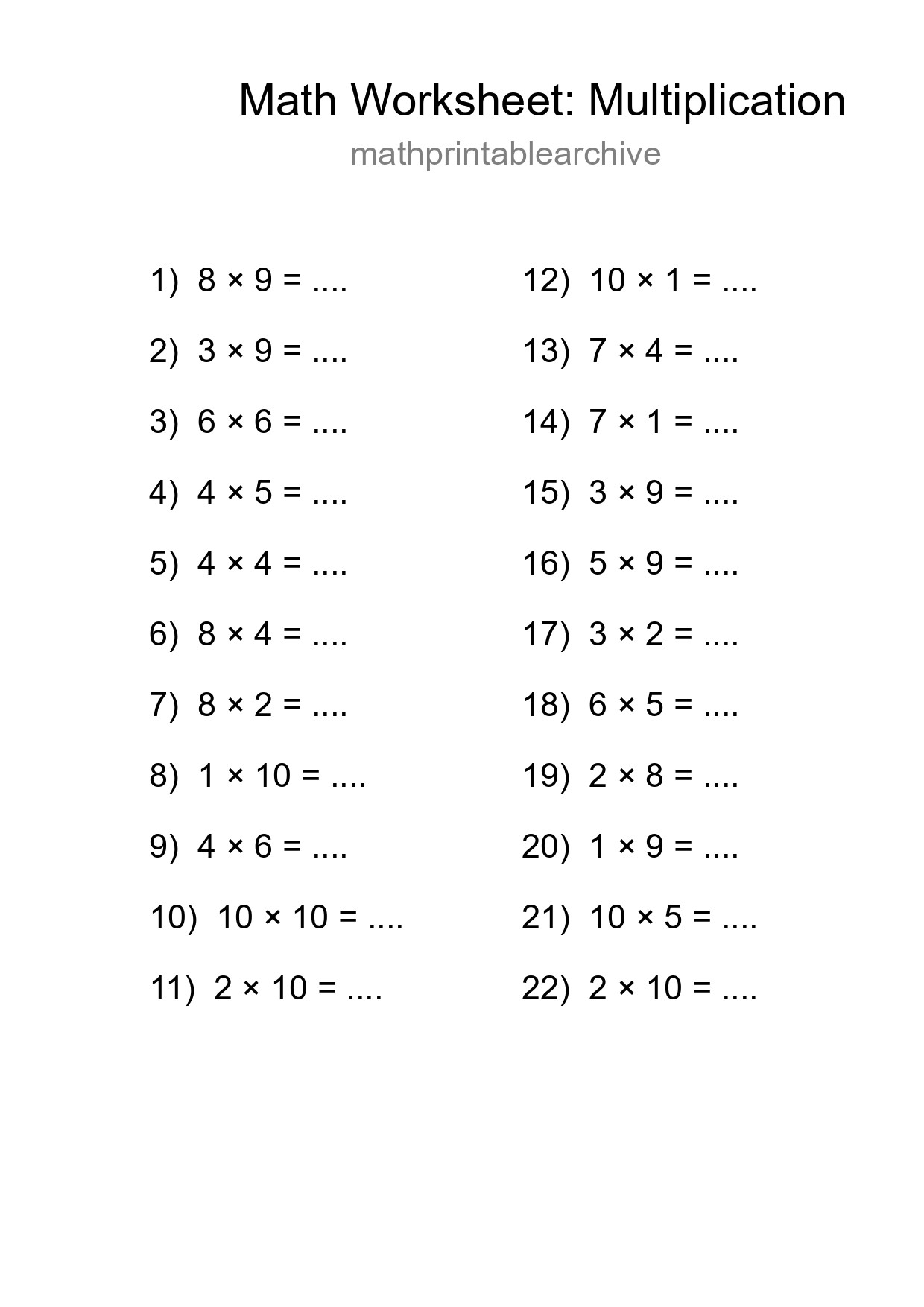 Free 22 Multiplication Math Worksheet For Grade 1 - Part 282