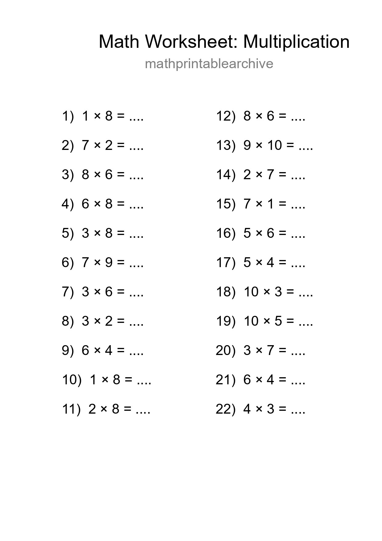 Free 22 Multiplication Math Worksheet For Grade 1 With Answers - Part 271