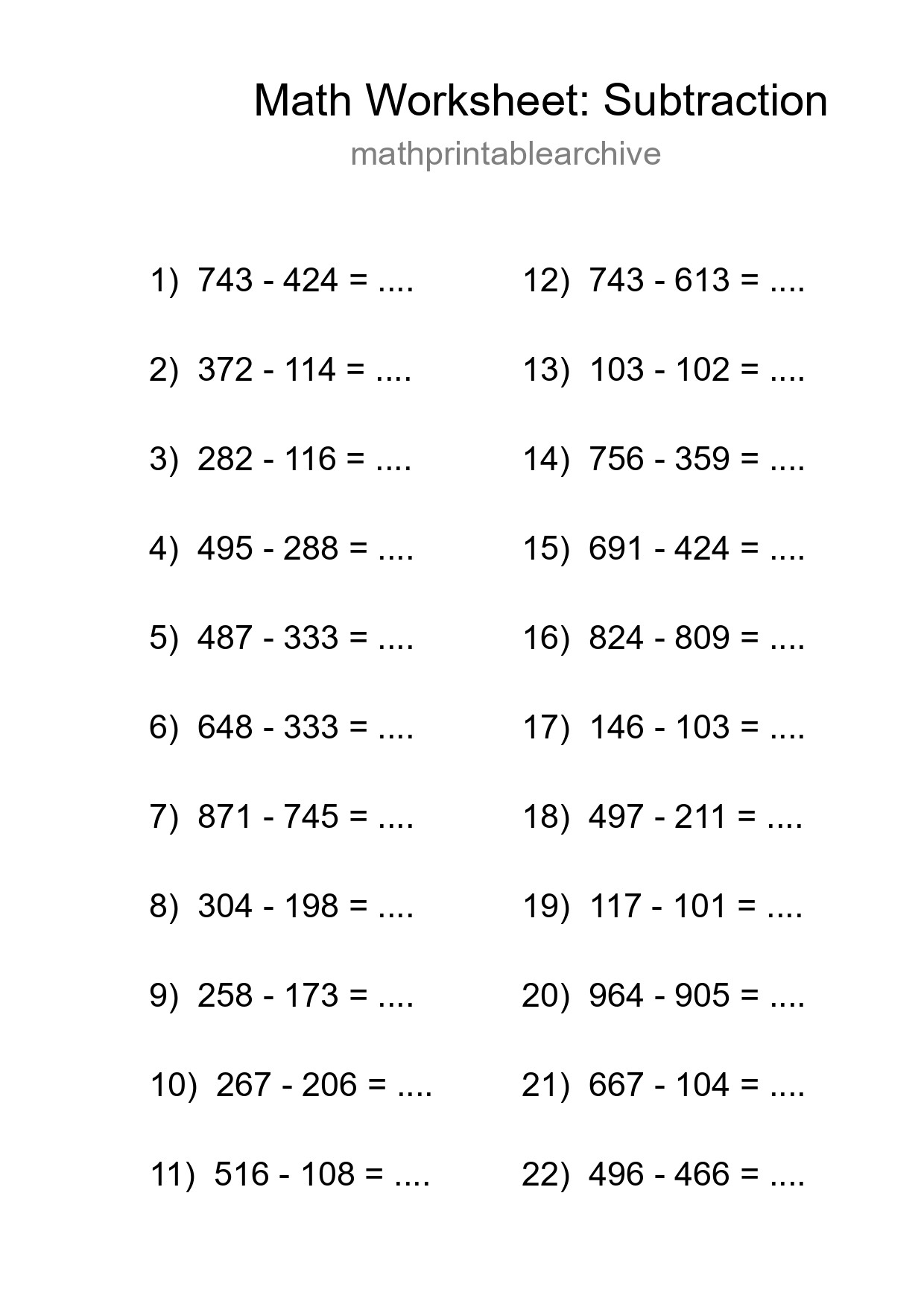 Free 22 Subtraction Math Worksheet For Grade 5 - Part 261