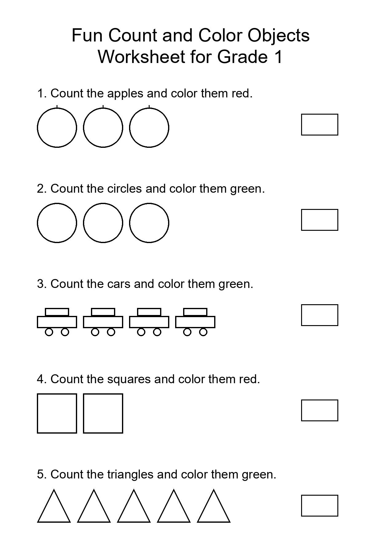 Fun Count and Color Objects Worksheet for Grade 1