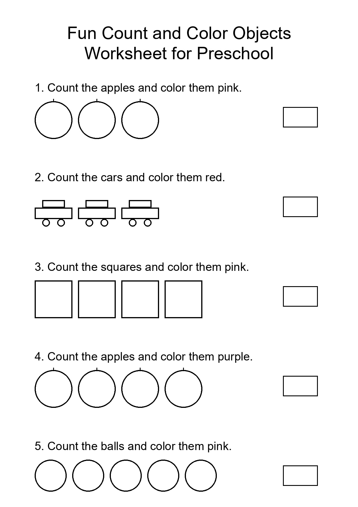 Fun Count and Color Objects Worksheet for Preschool