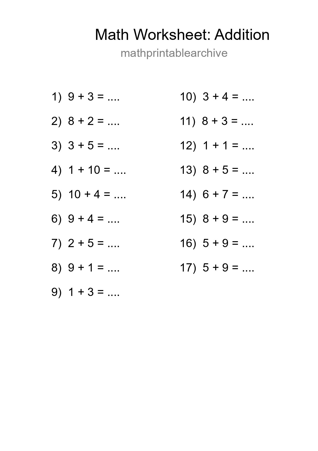 Grade 1 Addition Practice Worksheet (17 Problems) - Part 177