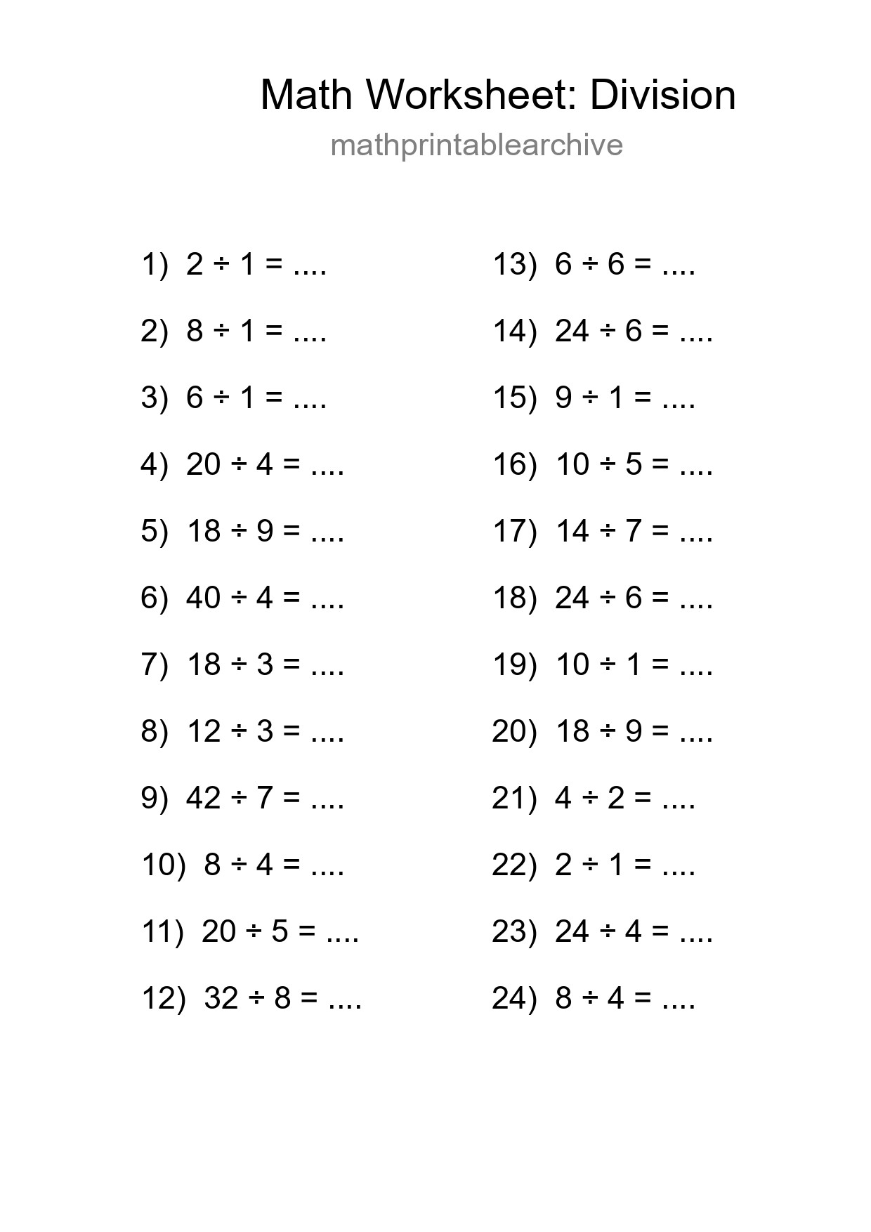 Grade 1 Division Practice Worksheet (24 Problems) - Part 202