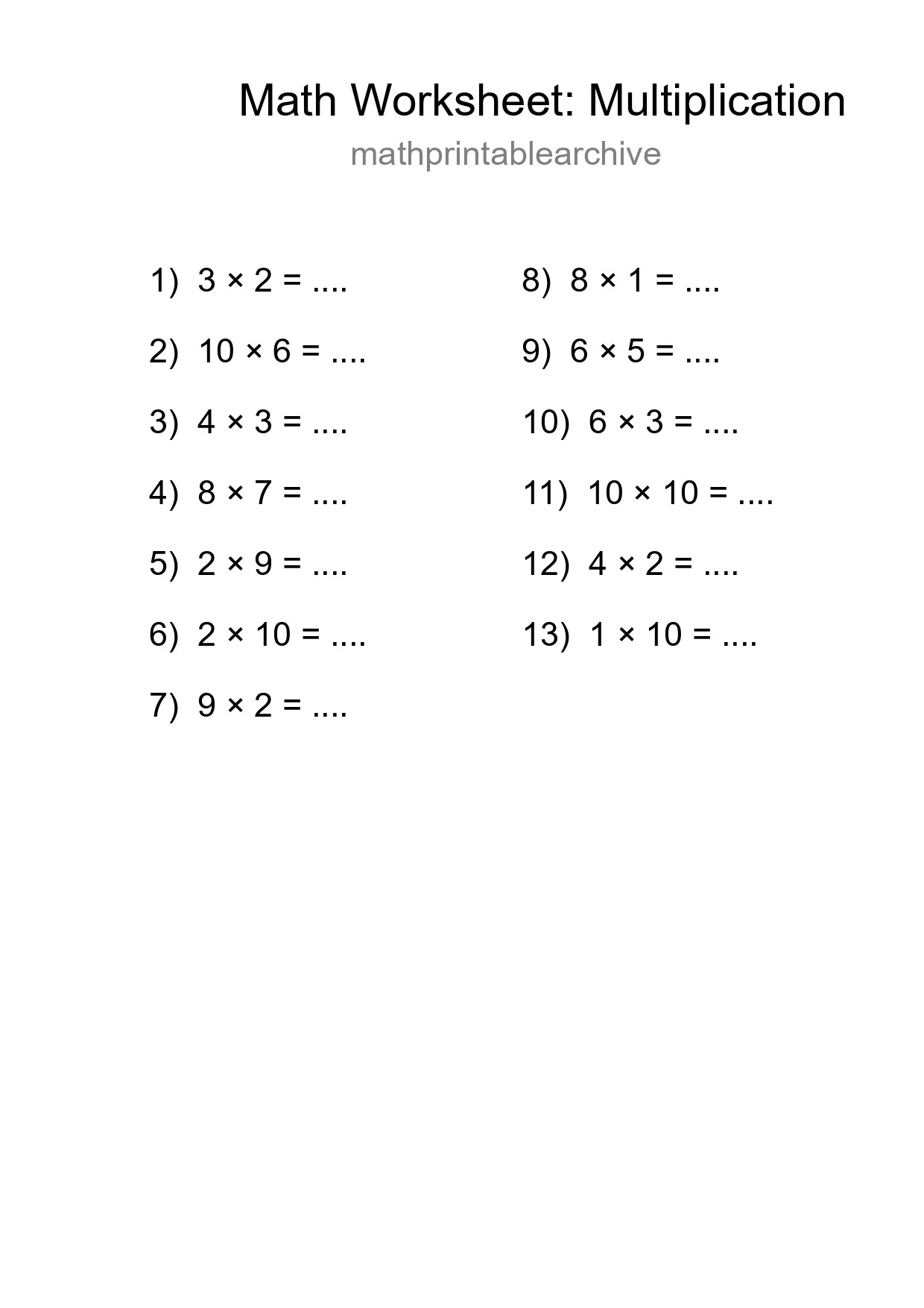 Grade 1 Multiplication Practice Worksheet (13 Problems) - Part 293