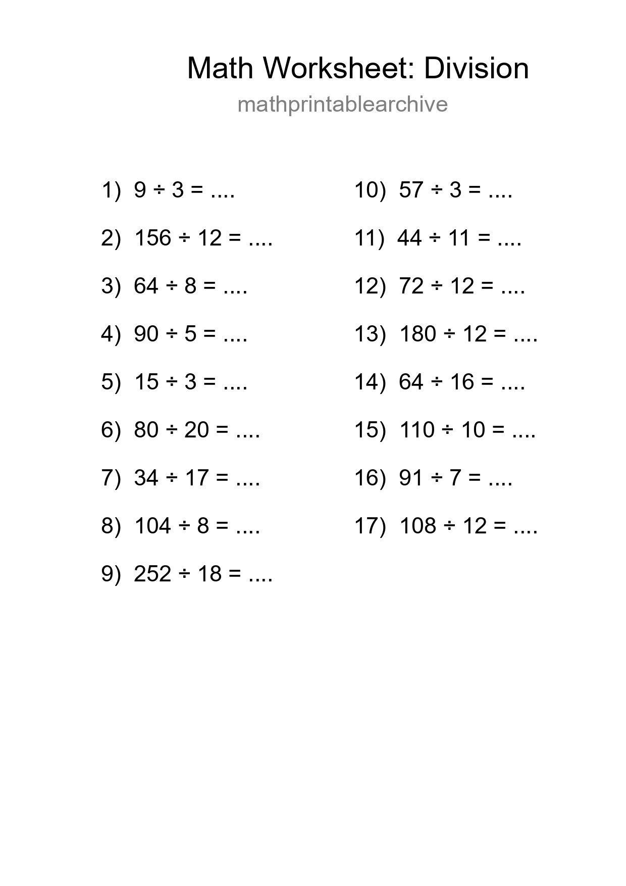 Grade 2 Division Practice Worksheet (17 Problems) - Part 257