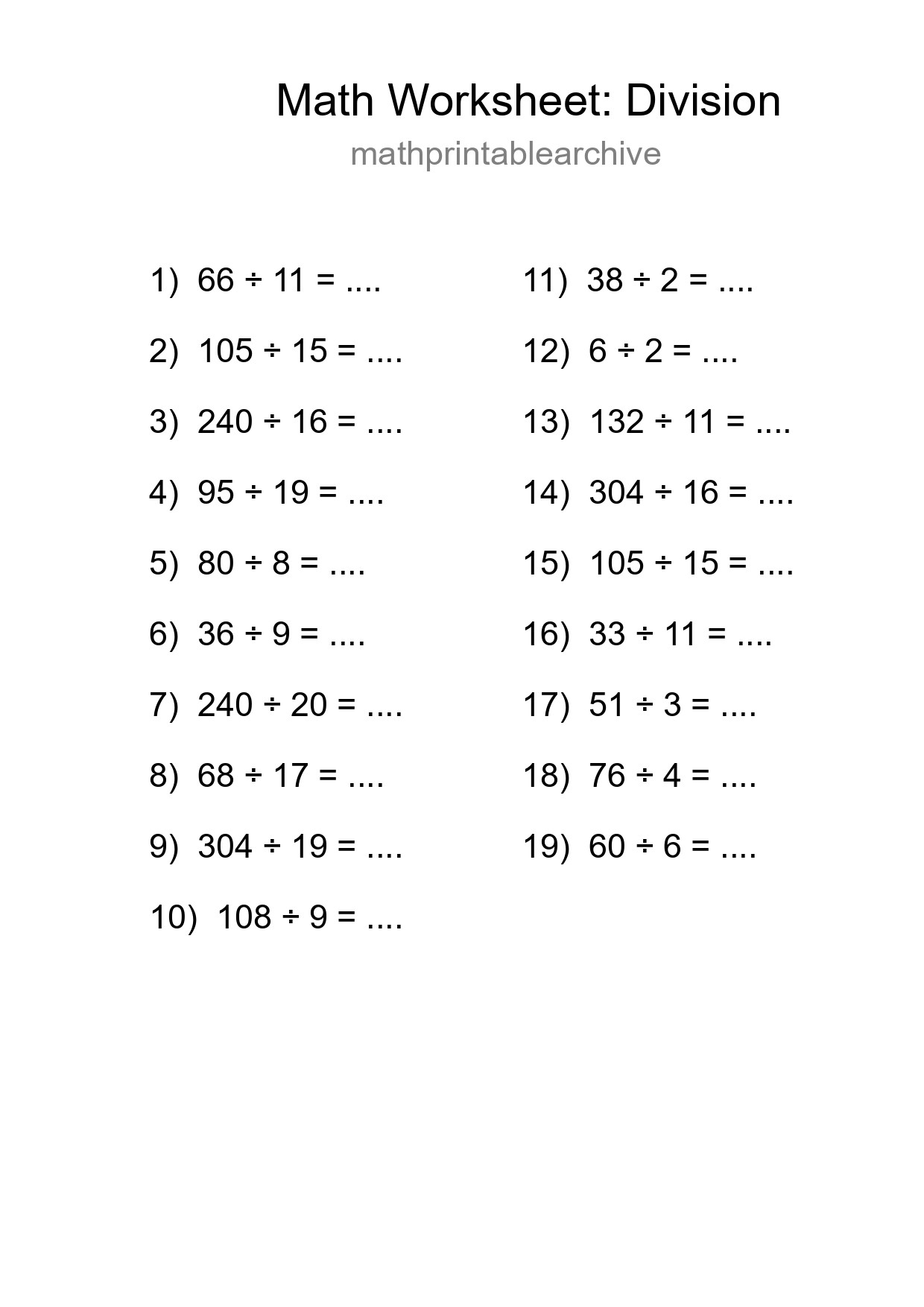 Grade 2 Division Practice Worksheet (19 Problems) - Part 37