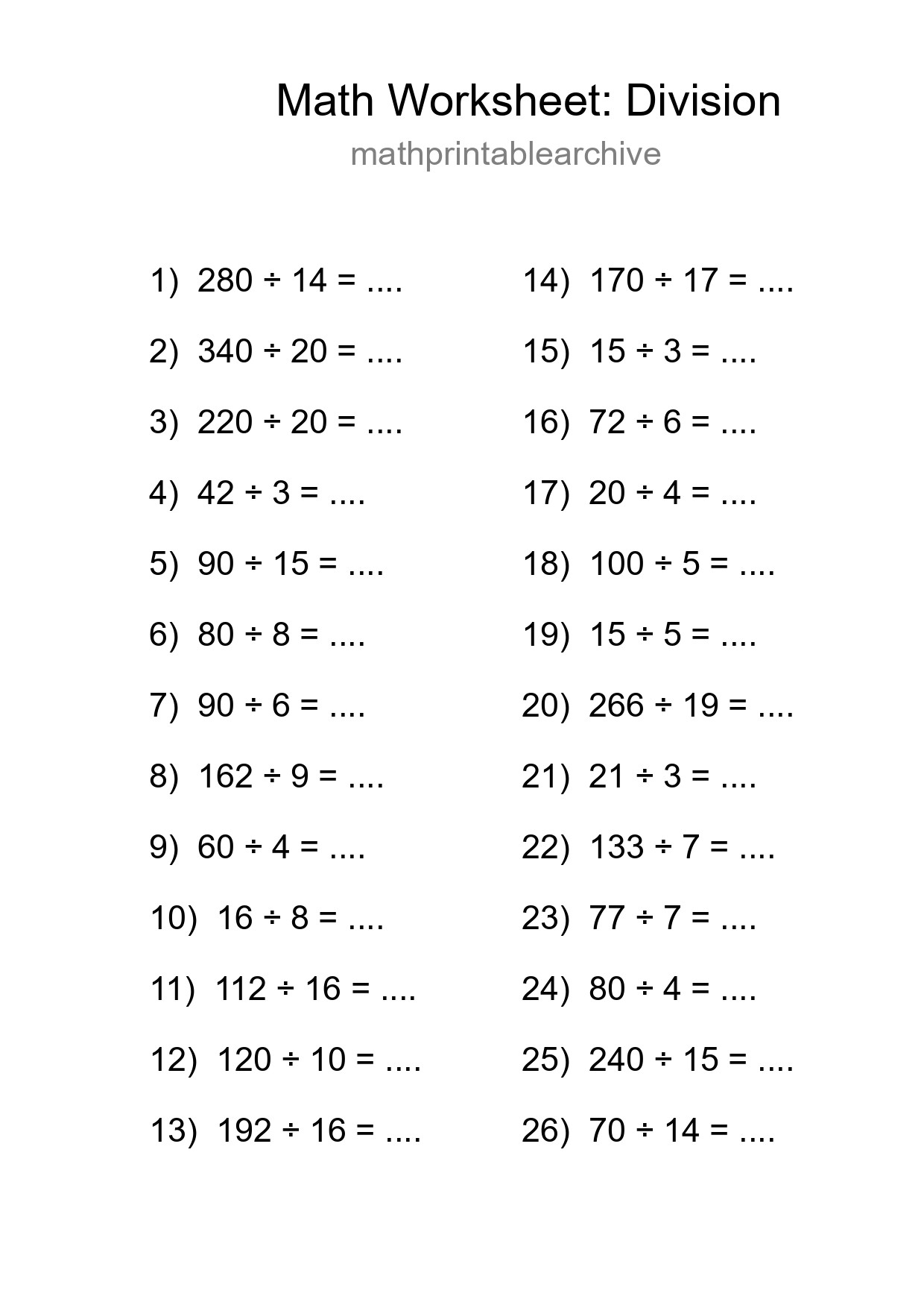 Grade 2 Division Practice Worksheet (26 Problems) - Part 279