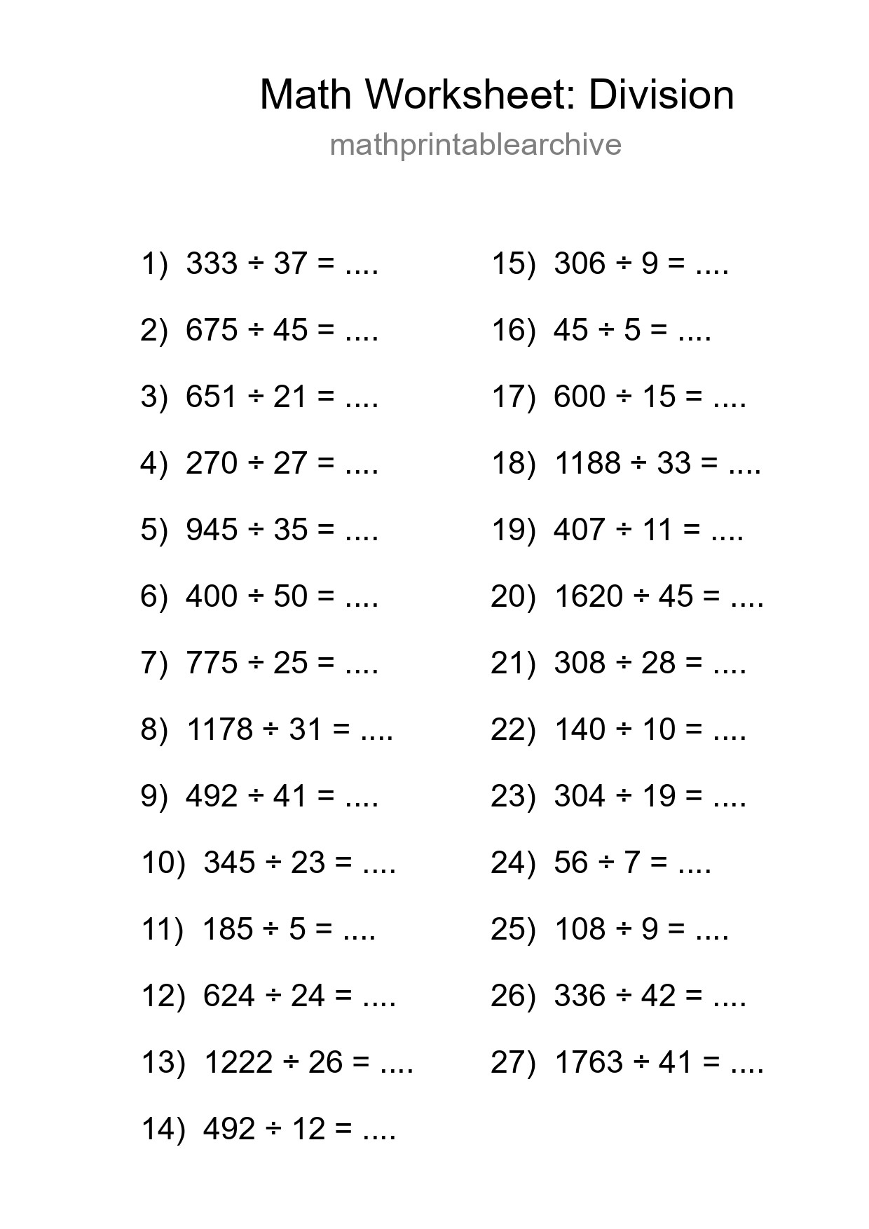 Grade 2 Division Practice Worksheet (27 Problems) - Part 70