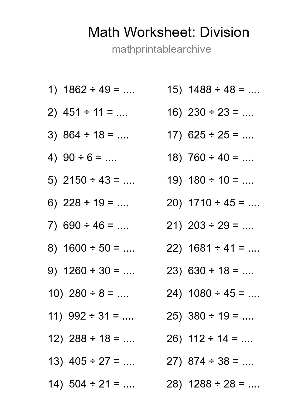Grade 2 Division Practice Worksheet (28 Problems) - Part 125