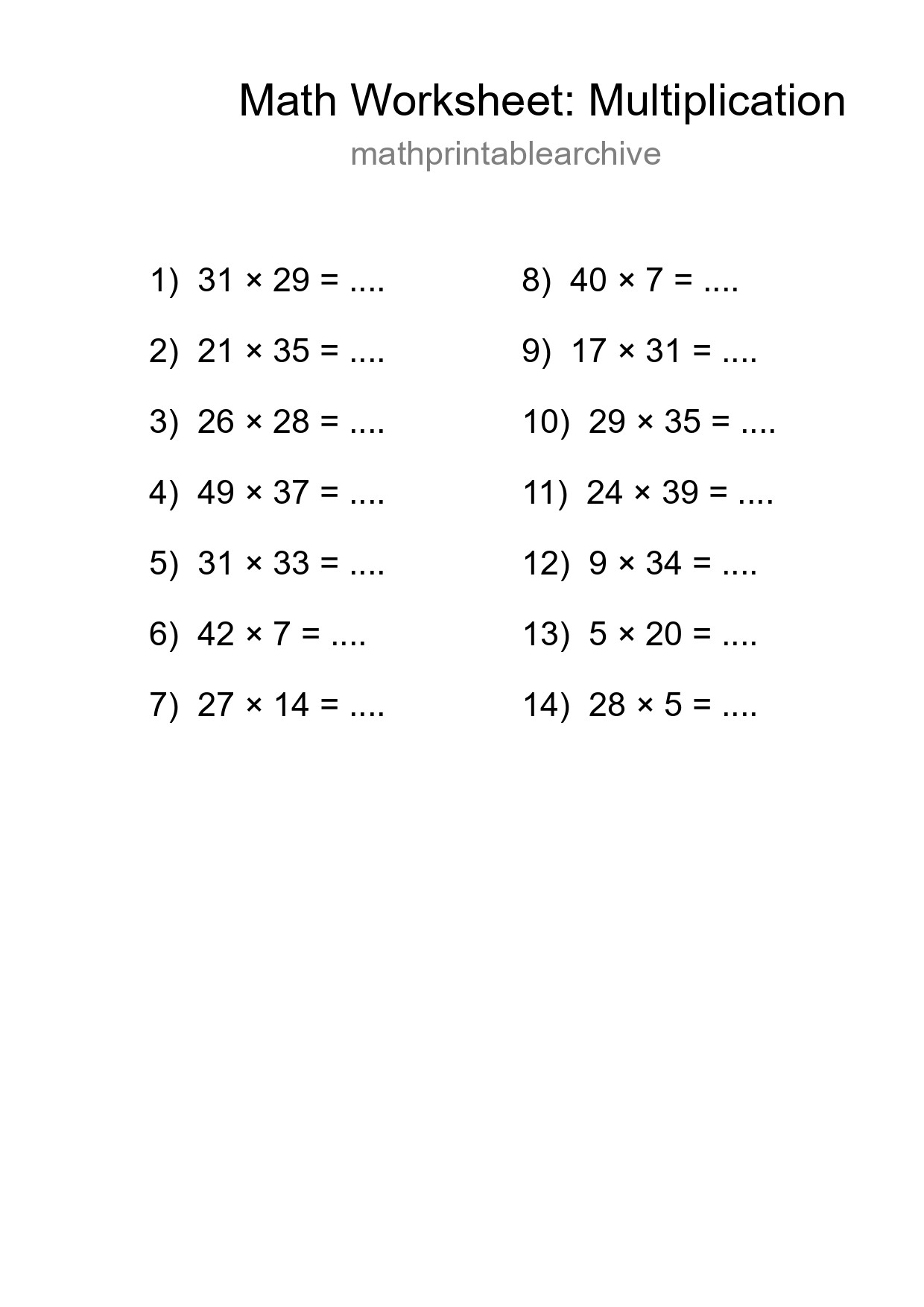 Grade 2 Multiplication Practice Worksheet (14 Problems) - Part 29