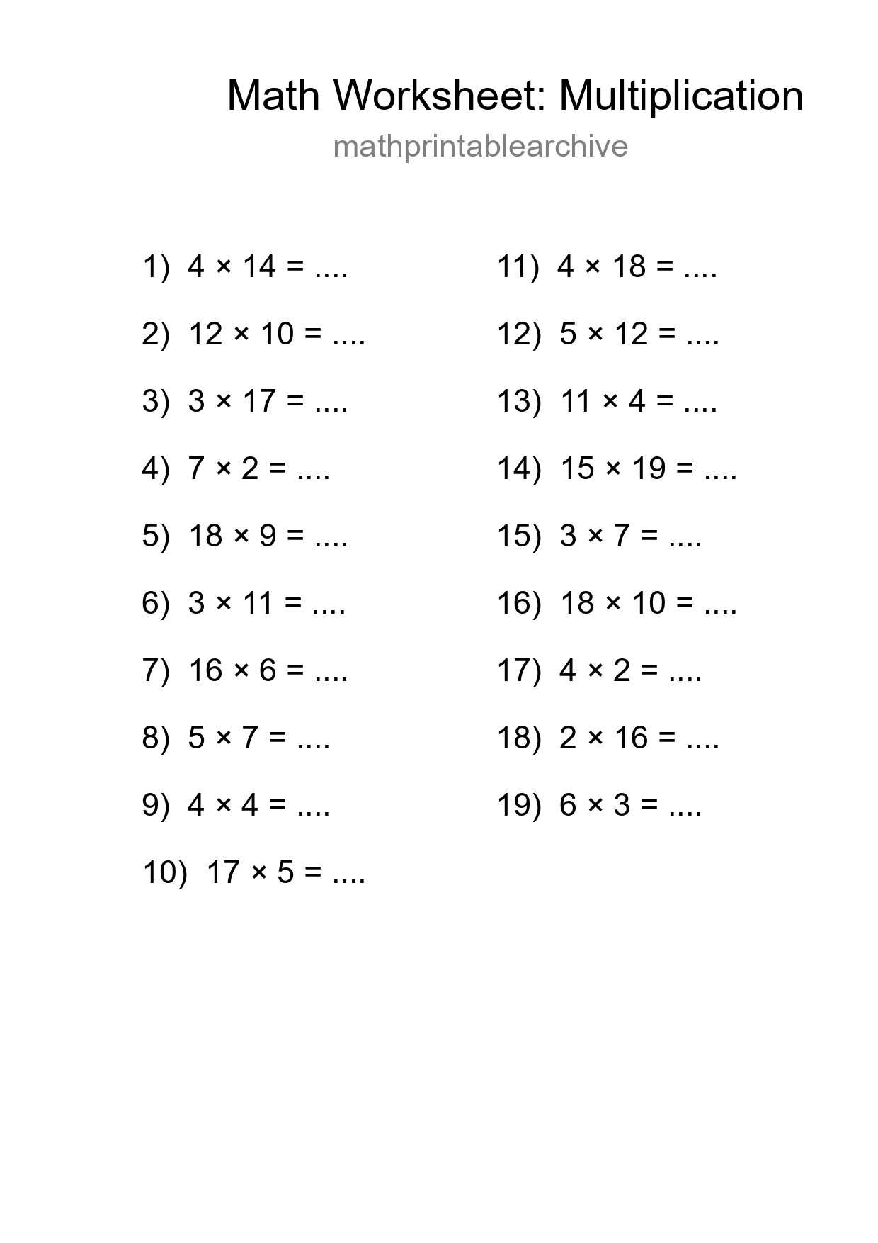 Grade 2 Multiplication Practice Worksheet (19 Problems) - Part 7