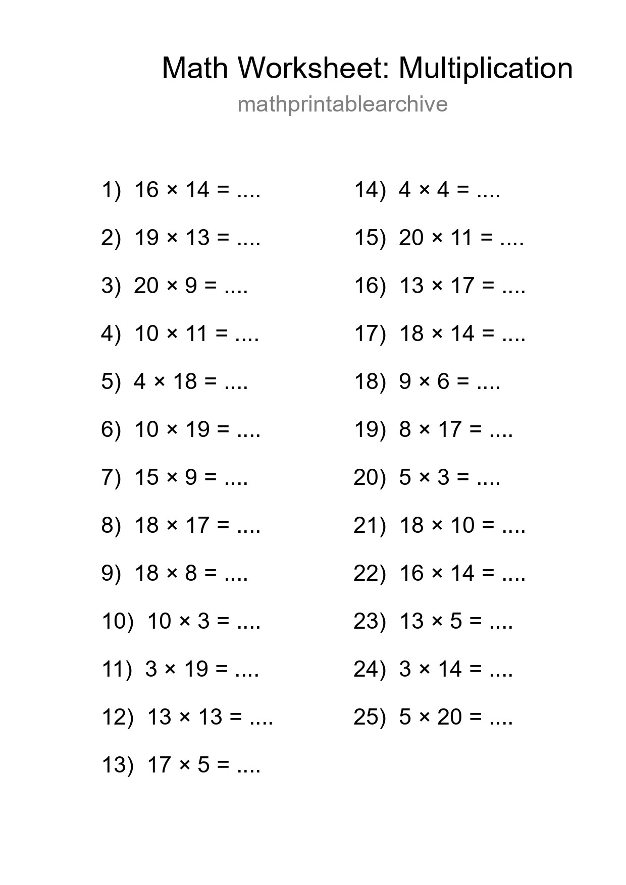 Grade 2 Multiplication Practice Worksheet (25 Problems) - Part 216