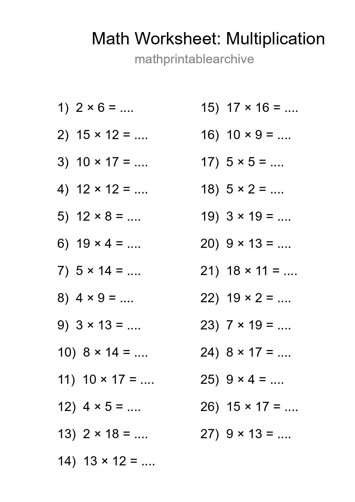 Grade 2 Multiplication Practice Worksheet (27 Problems) - Part 106