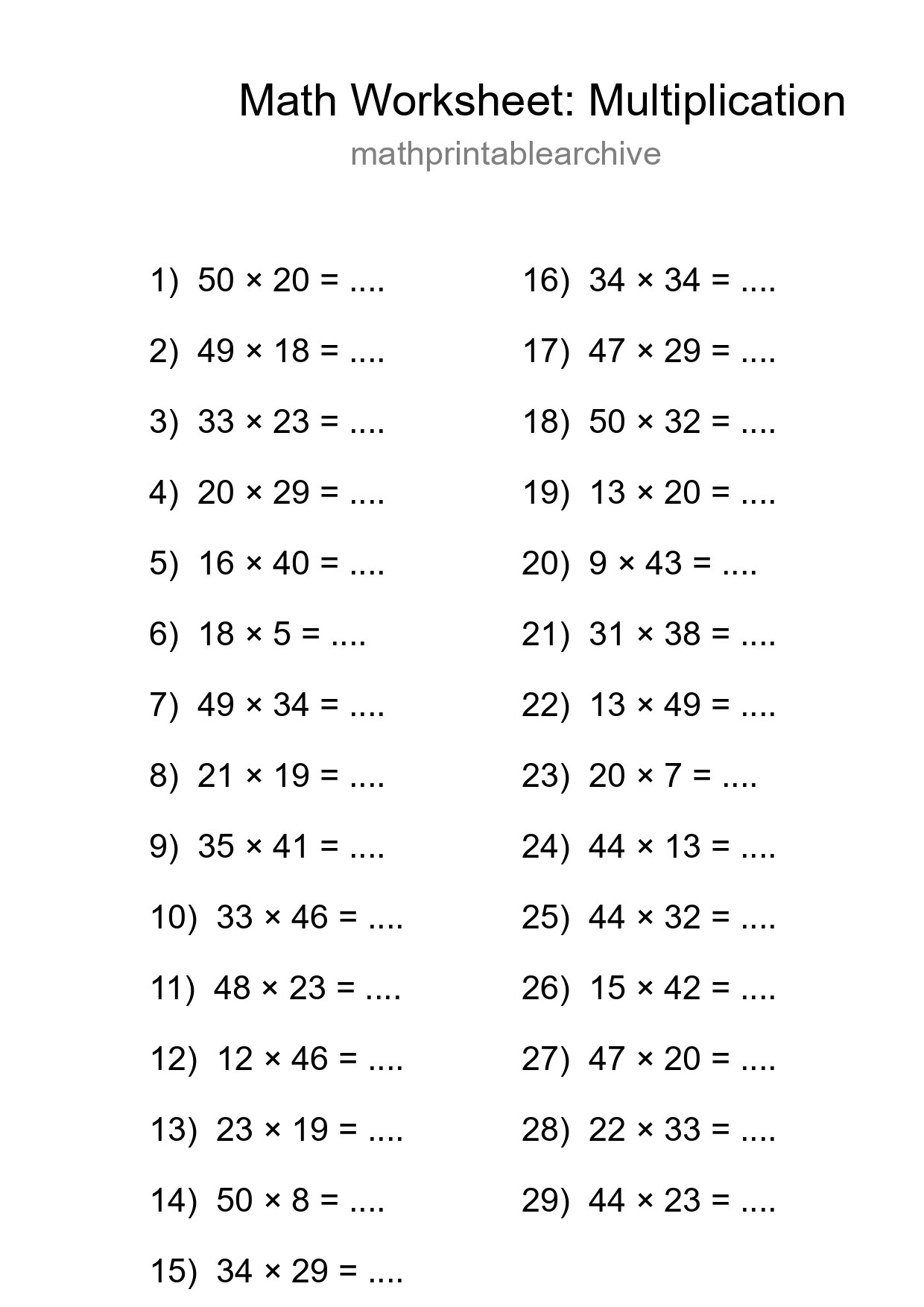 Grade 2 Multiplication Practice Worksheet (29 Problems) - Part 227
