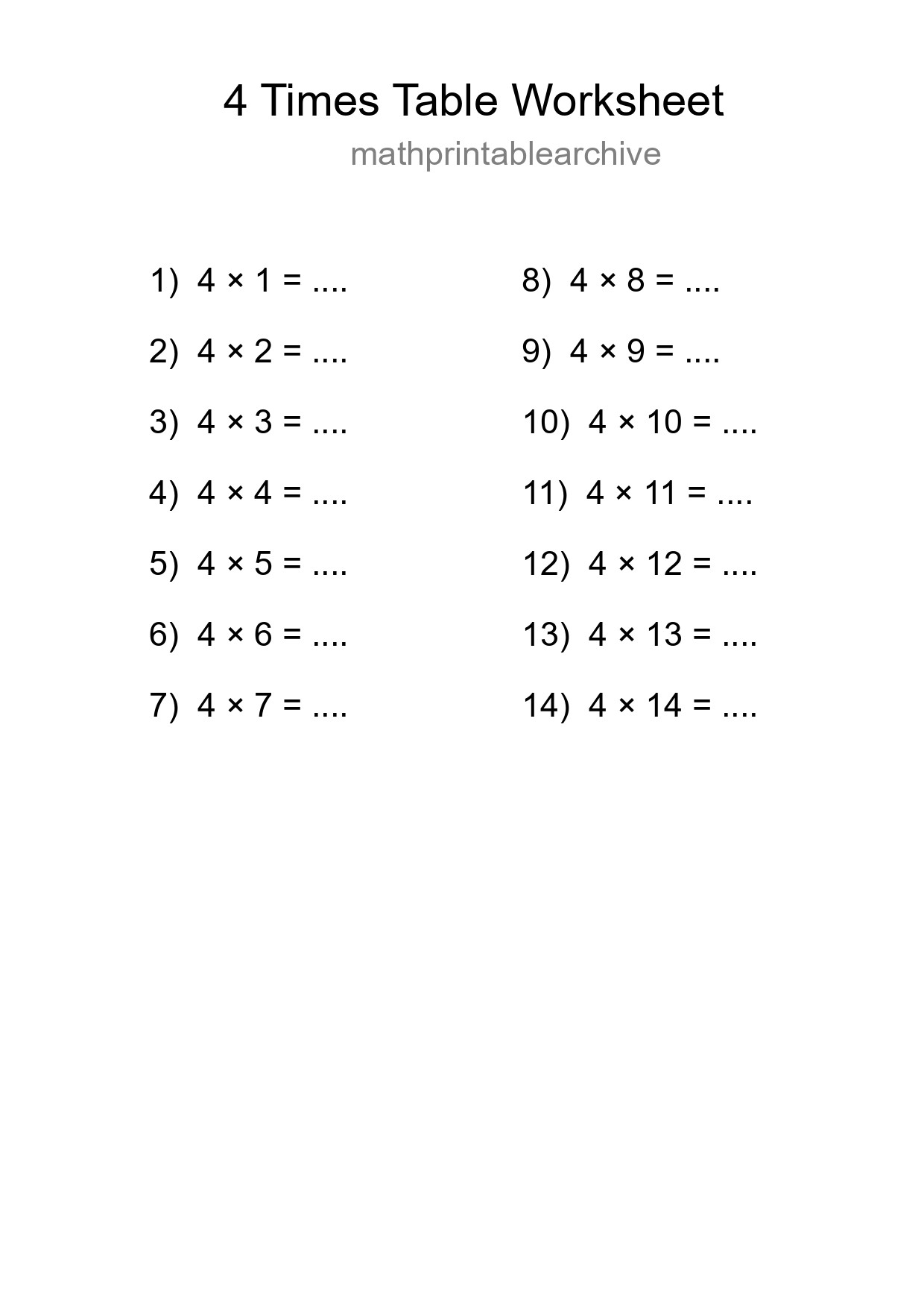 Grade 2 Multiplication Table 4 Practice - Part 295