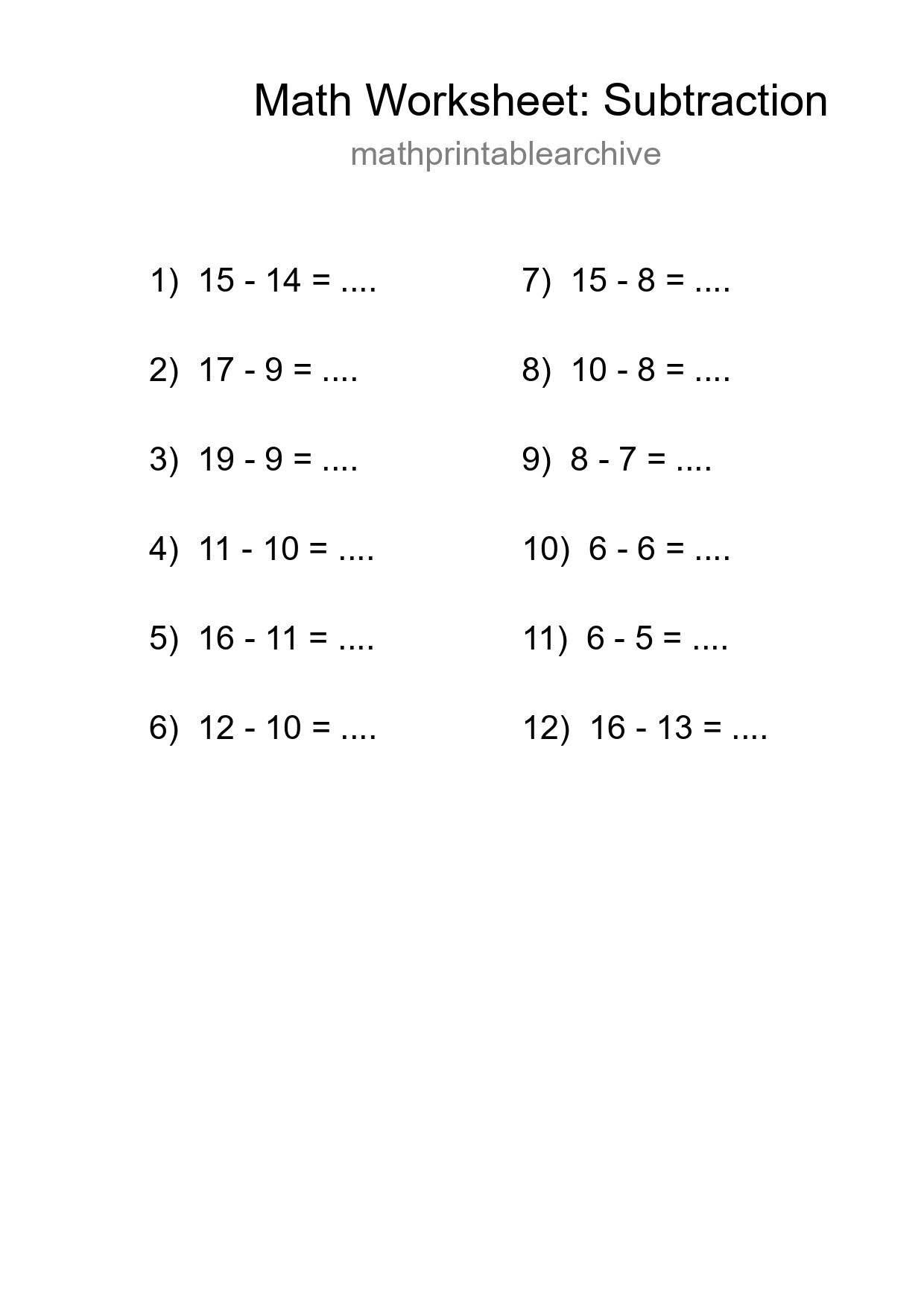 Grade 2 Subtraction Practice Worksheet (12 Problems) - Part 228