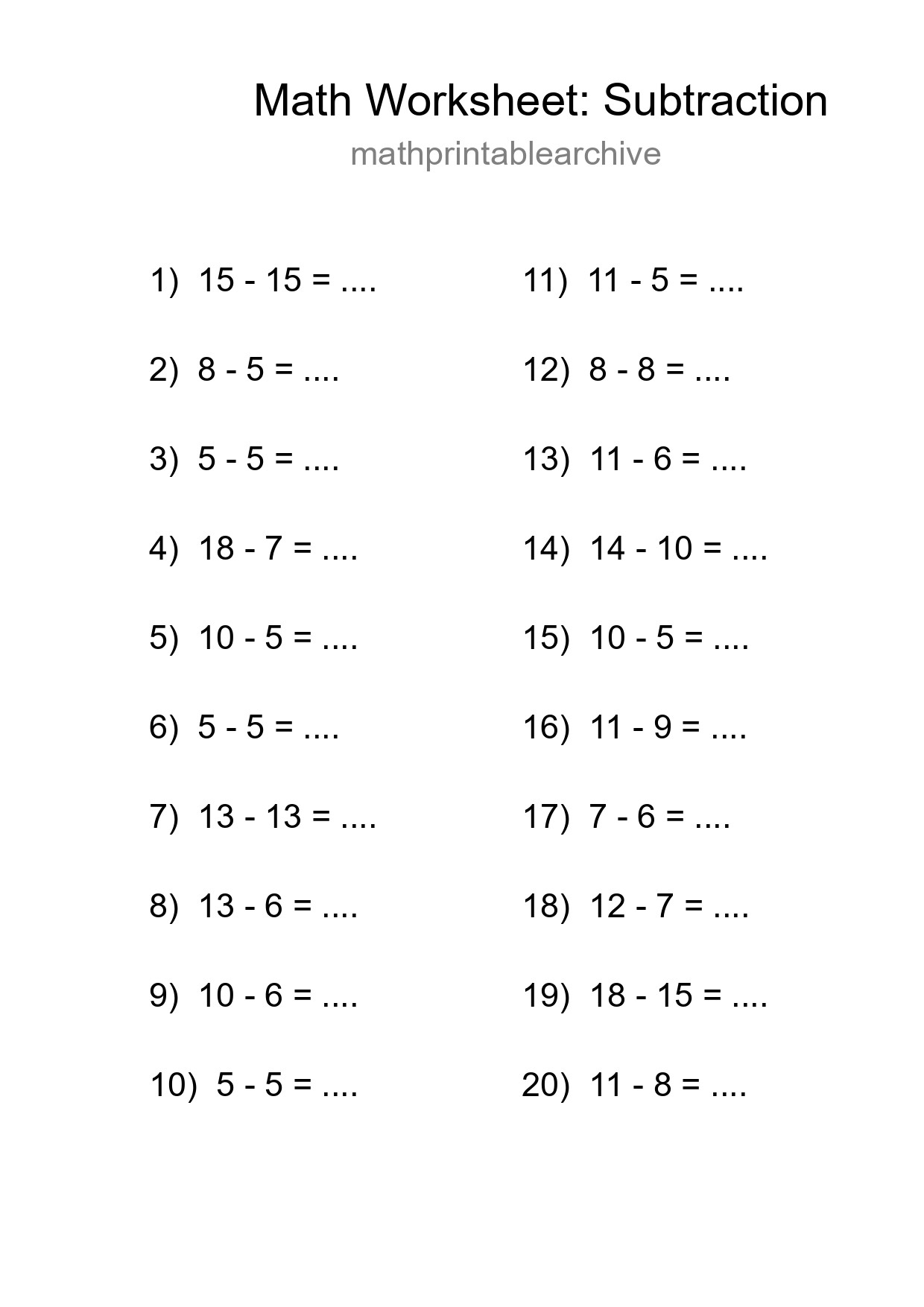 Grade 2 Subtraction Practice Worksheet (20 Problems) - Part 140