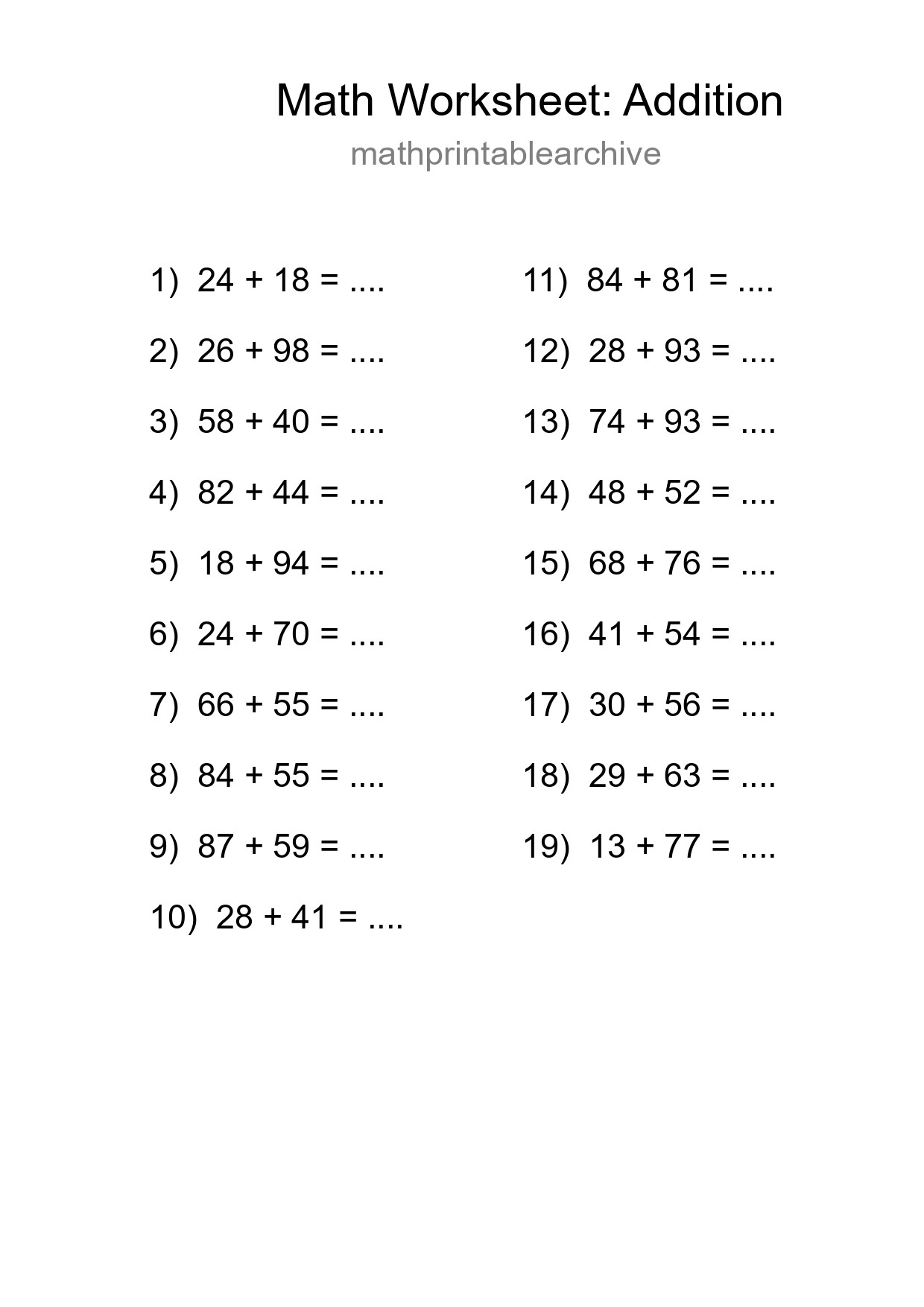 Grade 3 Addition Practice Worksheet (19 Problems) - Part 243