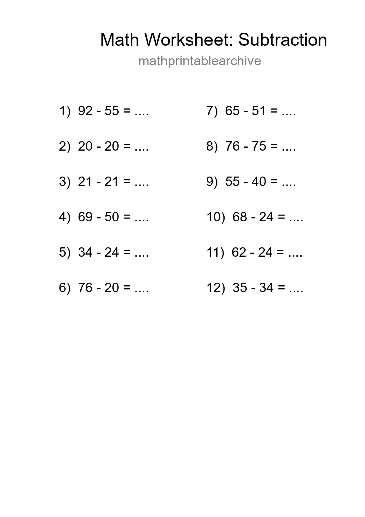 Grade 3 Subtraction Practice Worksheet (12 Problems) - Part 52