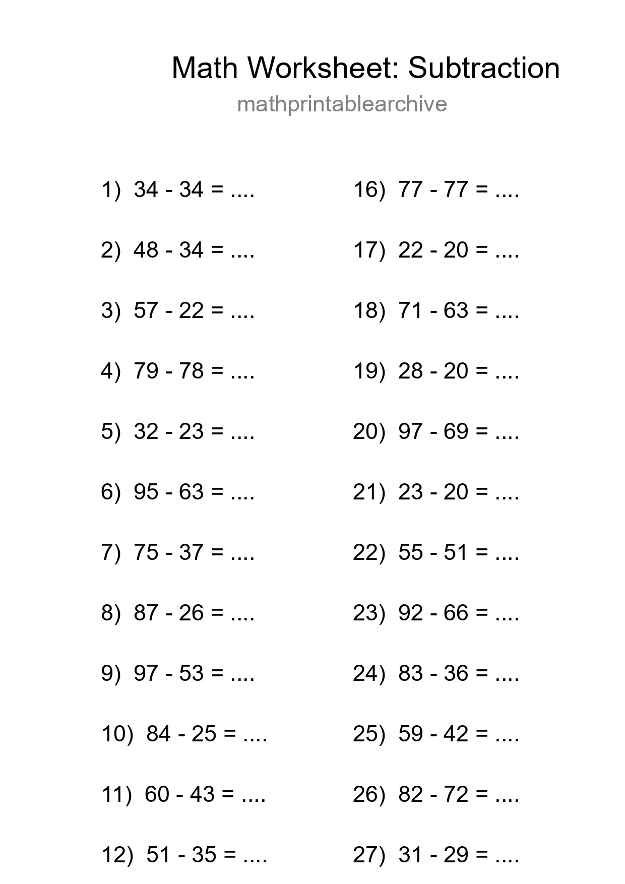 Grade 3 Subtraction Practice Worksheet (29 Problems) - Part 206