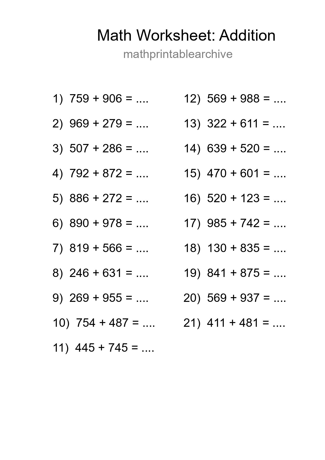 Grade 5 Addition Practice Worksheet (21 Problems) - Part 78